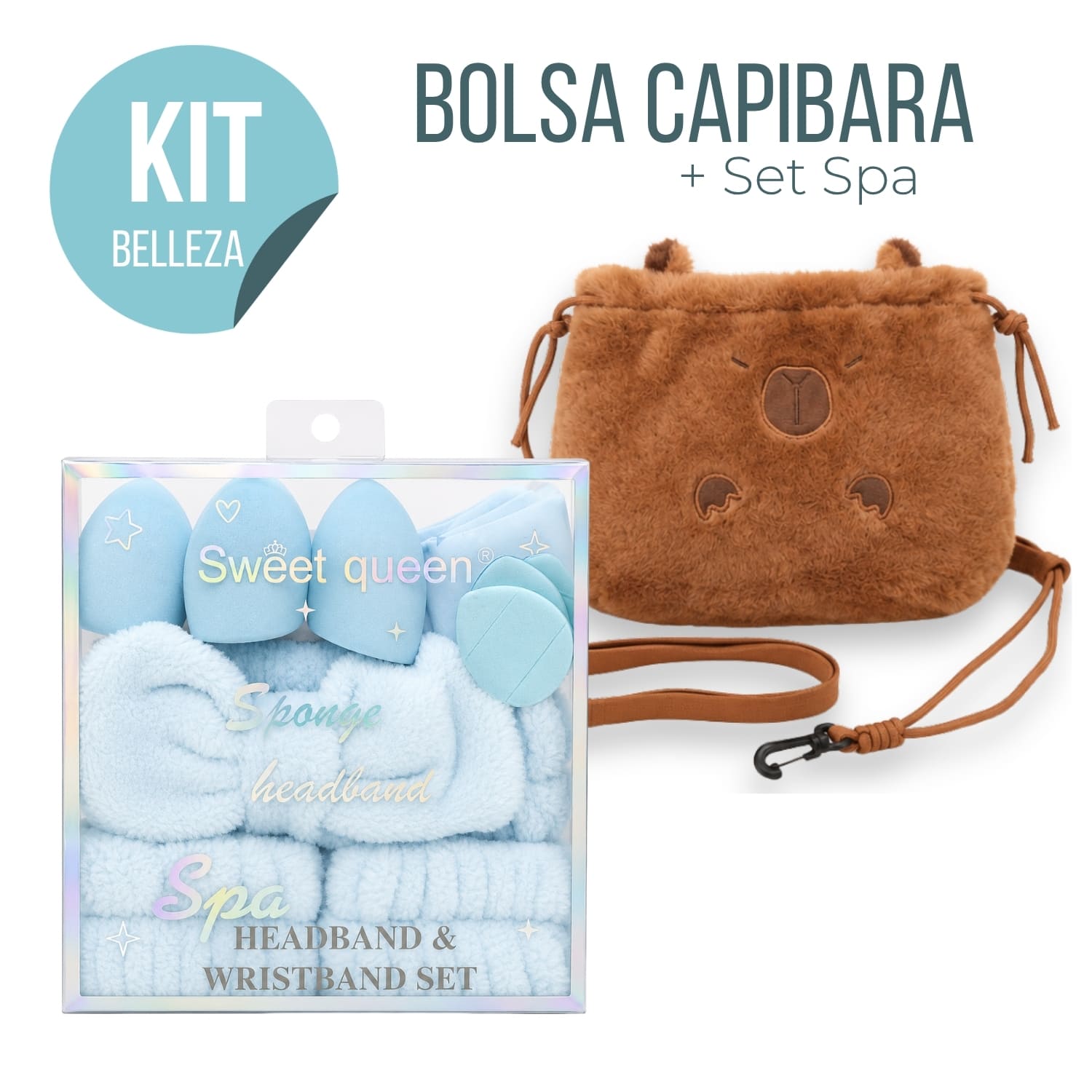 BOLSA CAPIBARA Y SET SPA CELESTE CON VINCHA MUÑEQUERAS FLUFFY Y ESPONJAS BEAUTY BLENDER - 1