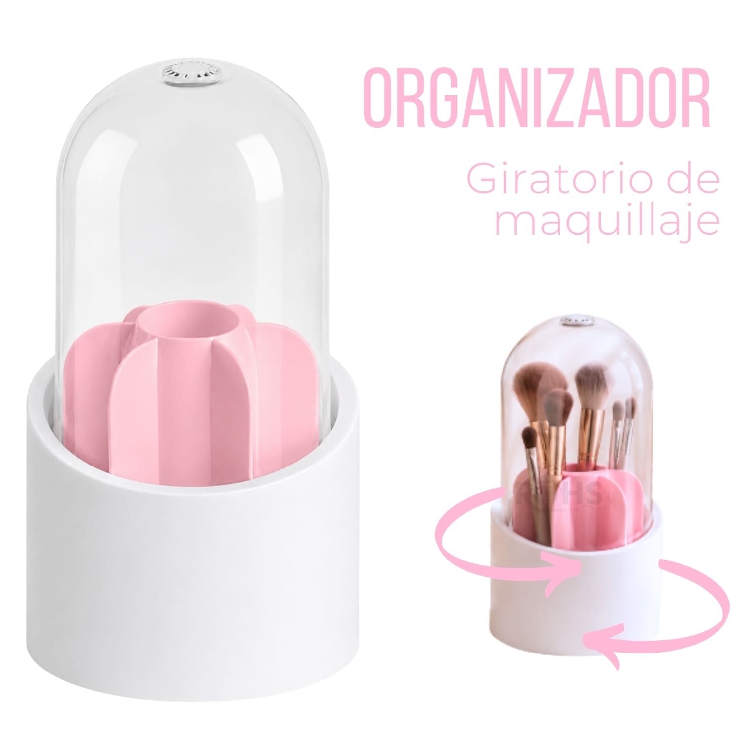 ORGANIZADOR GIRATORIO DE MAQUILLAJE ROSA CON TAPA TRANSPARENTE - 1