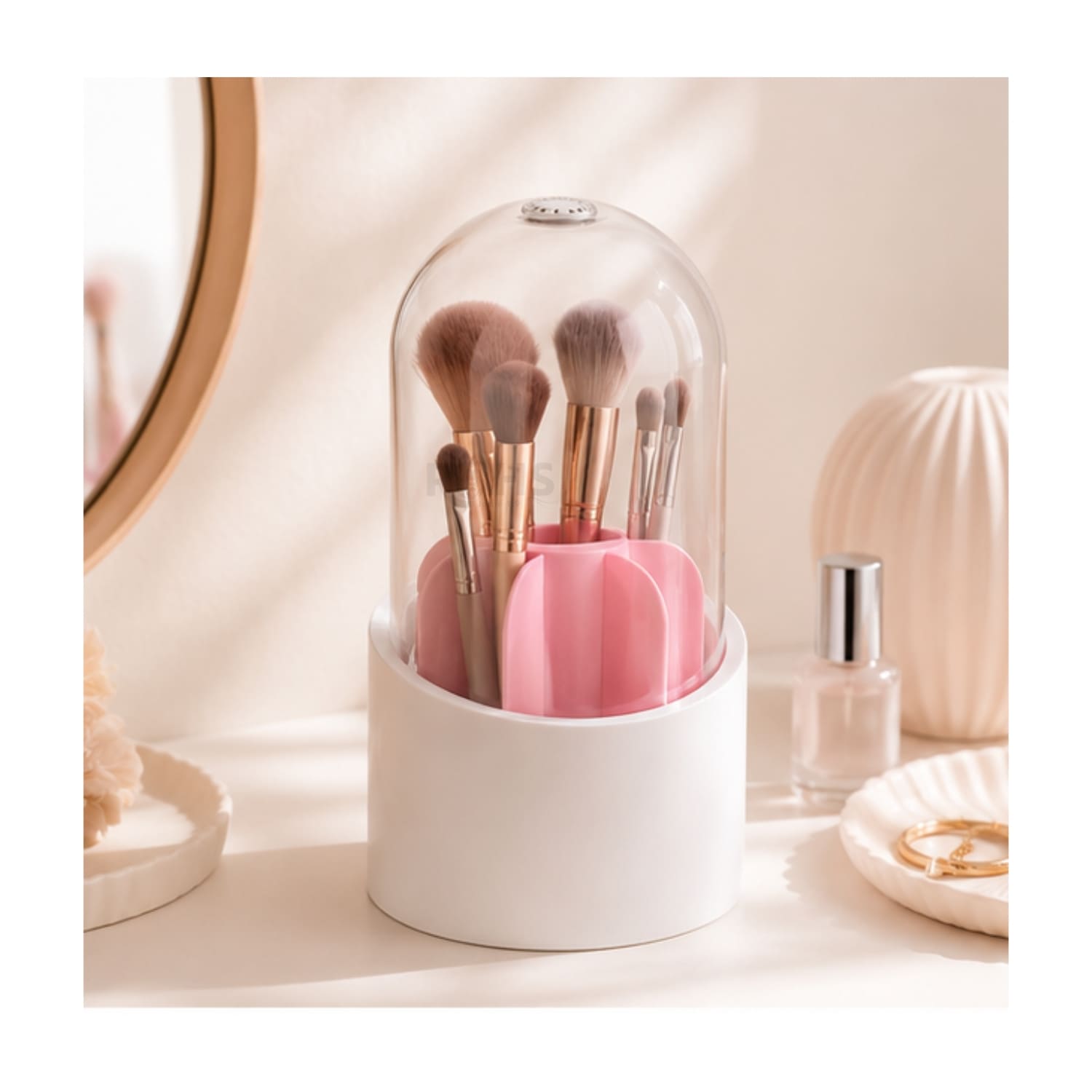 ORGANIZADOR GIRATORIO DE MAQUILLAJE ROSA CON TAPA TRANSPARENTE - 4