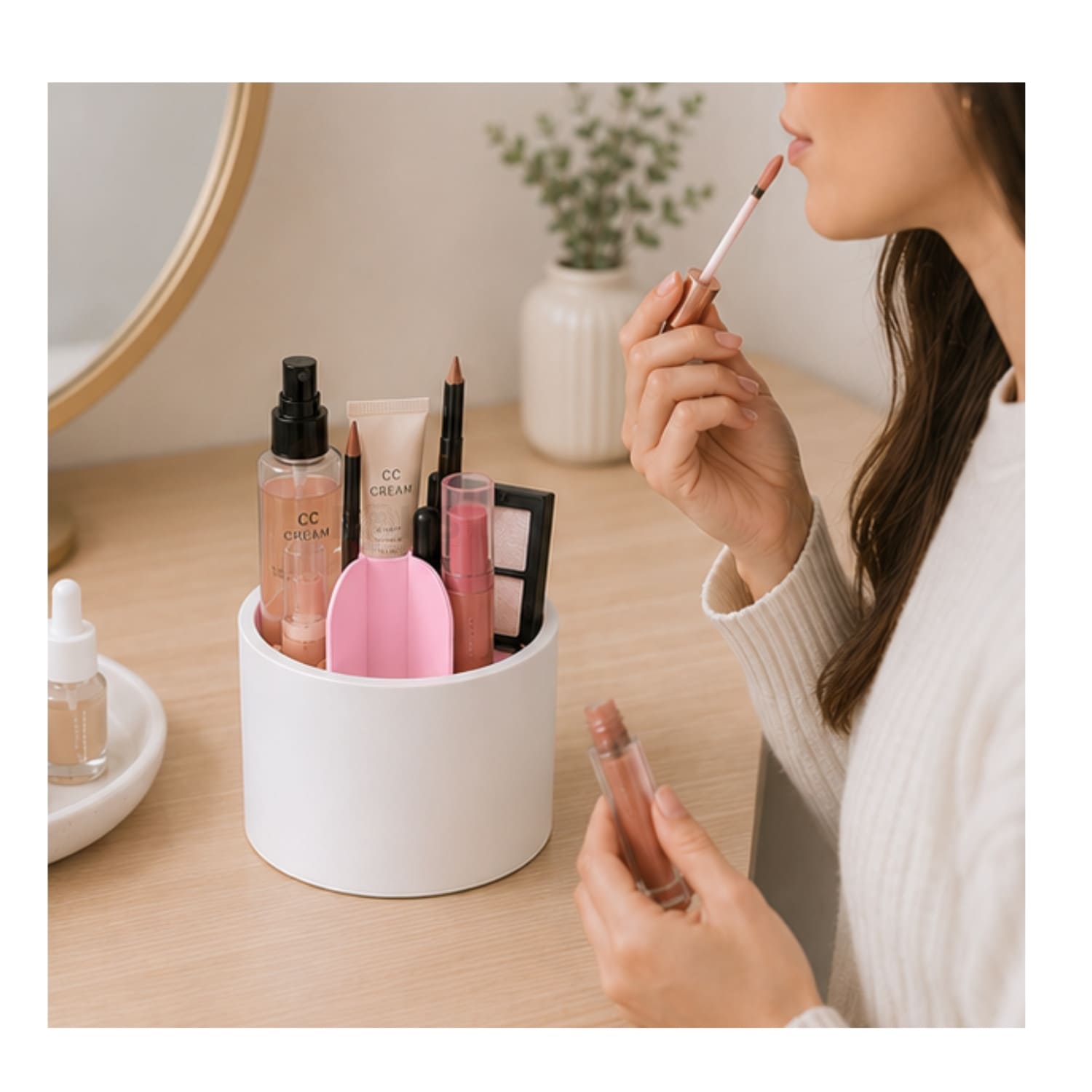 ORGANIZADOR GIRATORIO DE MAQUILLAJE ROSA CON TAPA TRANSPARENTE - 5