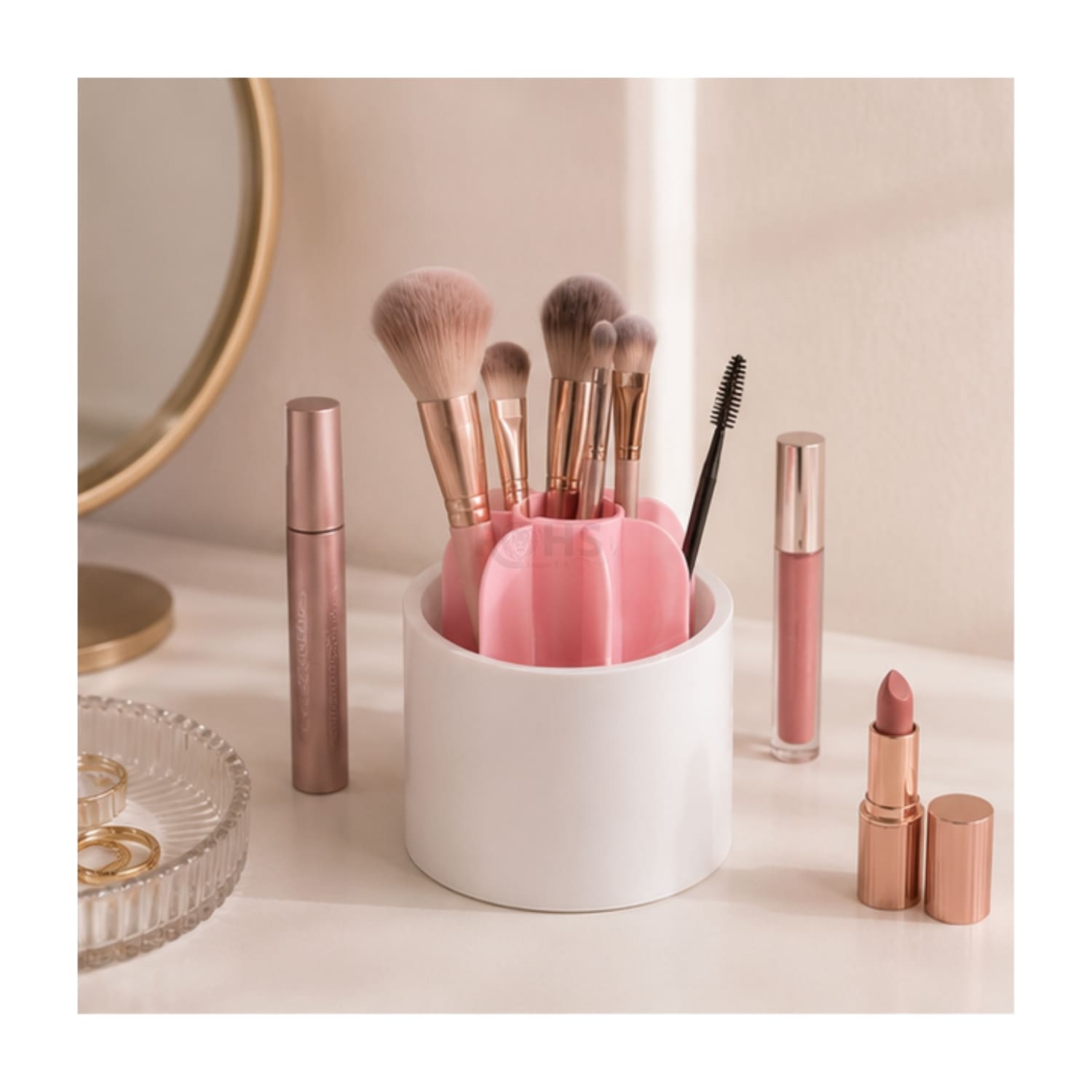 ORGANIZADOR GIRATORIO DE MAQUILLAJE ROSA CON TAPA TRANSPARENTE - 6