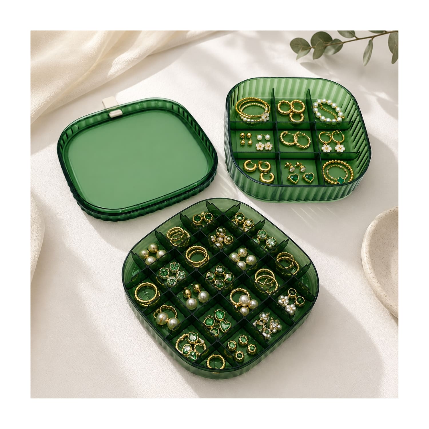 JOYERO MEDIANO VERDE TRANSPARENTE CON COMPARTIMENTOS ORGANIZADORES - 3