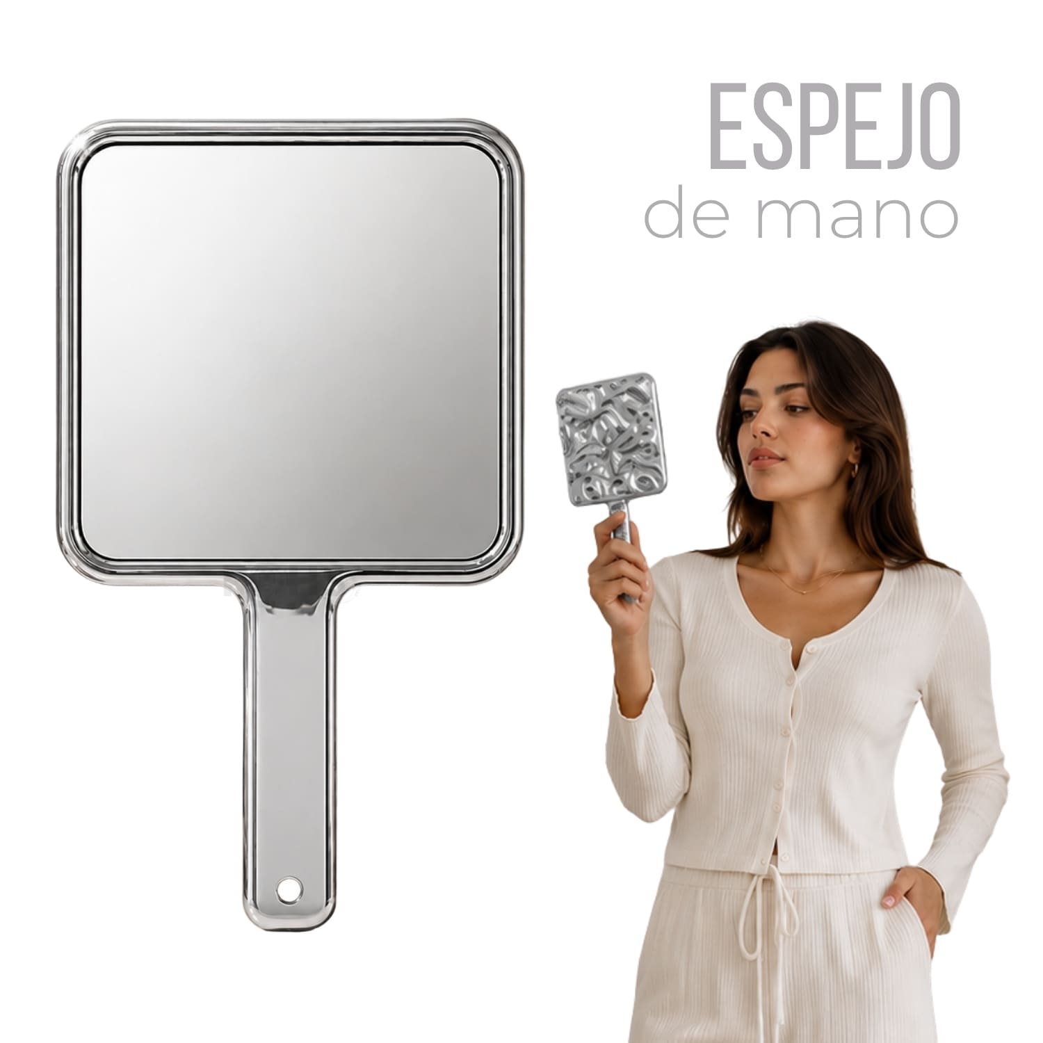 ESPEJO DE MANO PLATEADO CON MANGO DISEÑO CUADRADO - 1