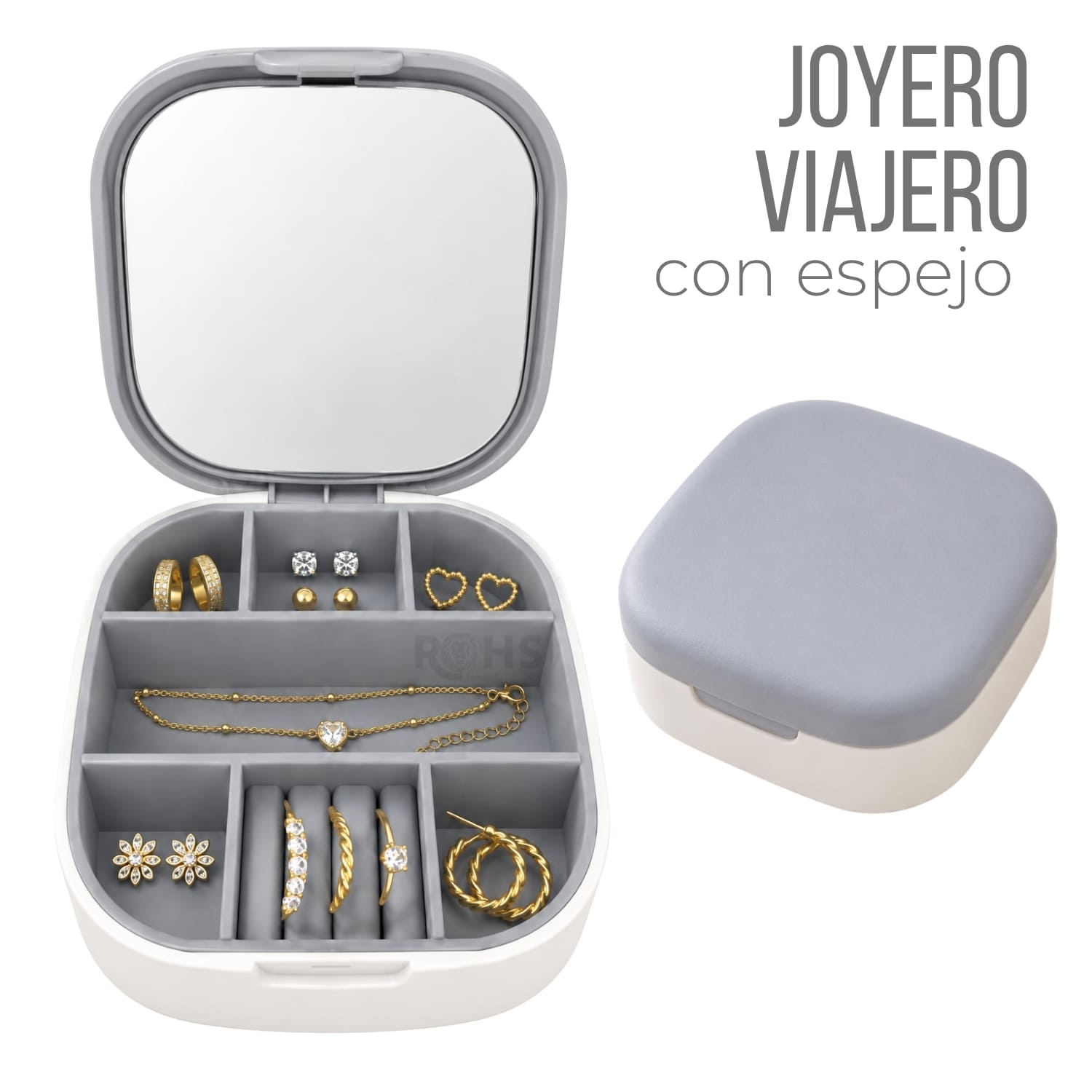 JOYERO VIAJERO GRIS CLARO CON ESPEJO Y COMPARTIMENTOS ORGANIZADORES - 1