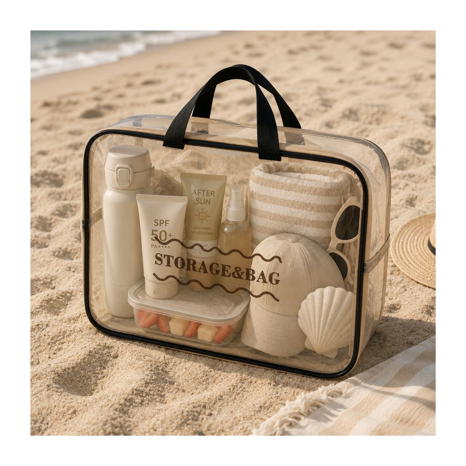 ORGANIZADOR 3 PIEZAS BEIGE TRANSPARENTE DE TELA OXFORD CON ASA - 6