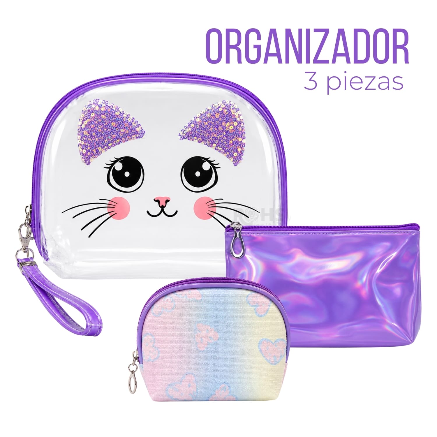 SET ORGANIZADOR 3 PCS MORADO HOLOGRÁFICO Y TRANSPARENTE - 1