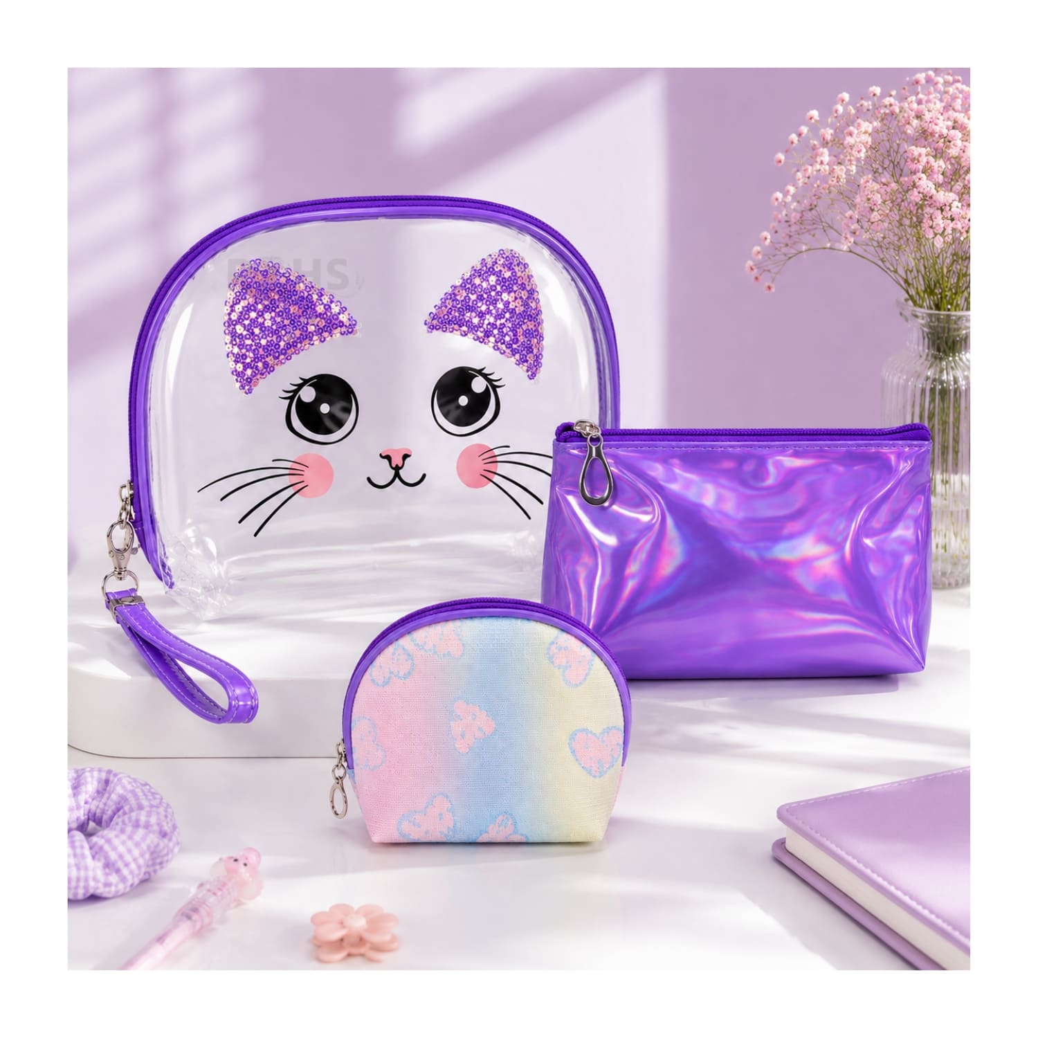 SET ORGANIZADOR 3 PCS MORADO HOLOGRÁFICO Y TRANSPARENTE - 3