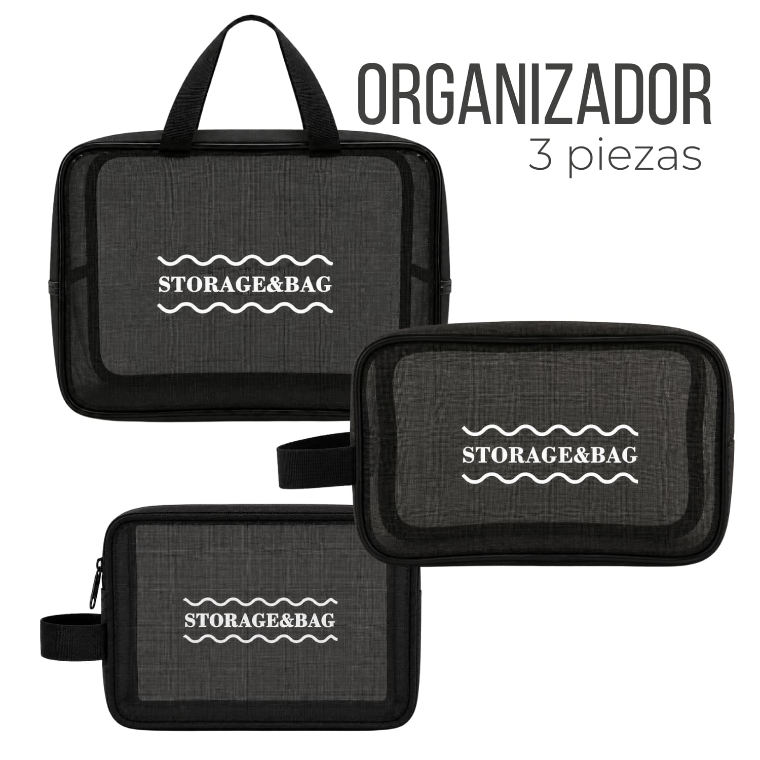 ORGANIZADOR 3 PIEZAS NEGRO TRANSPARENTE DE TELA OXFORD CON ASA - 1