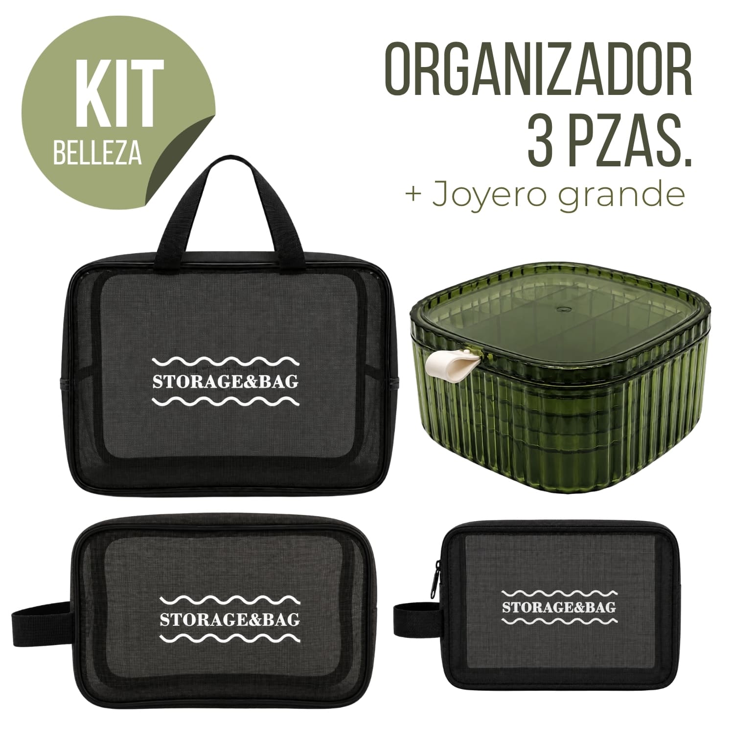 KIT ORGANIZADOR 3 PIEZAS NEGRO TRANSPARENTE Y JOYERO GRANDE VERDE - 1