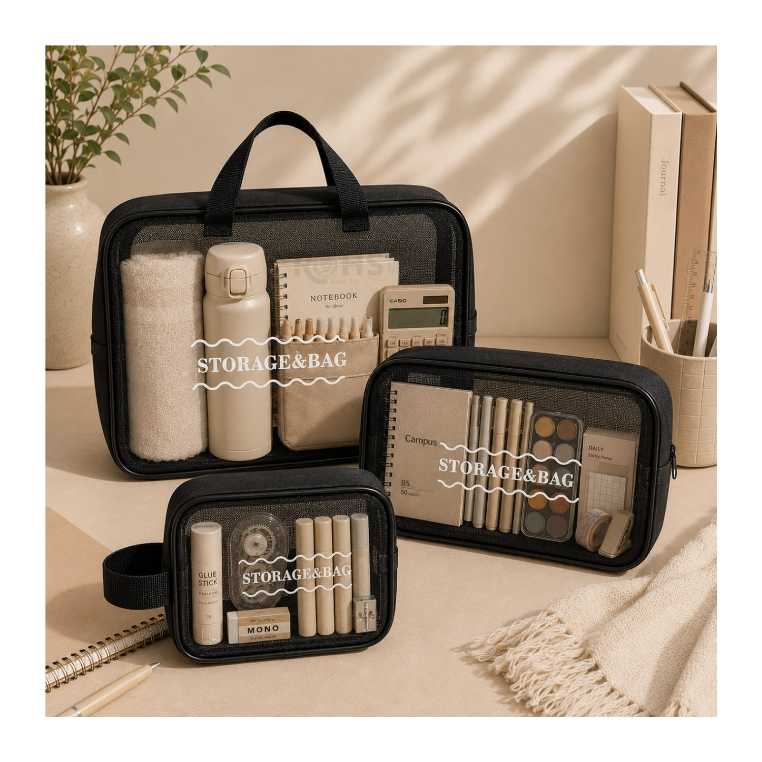 KIT ORGANIZADOR 3 PIEZAS NEGRO TRANSPARENTE Y JOYERO GRANDE VERDE - 4