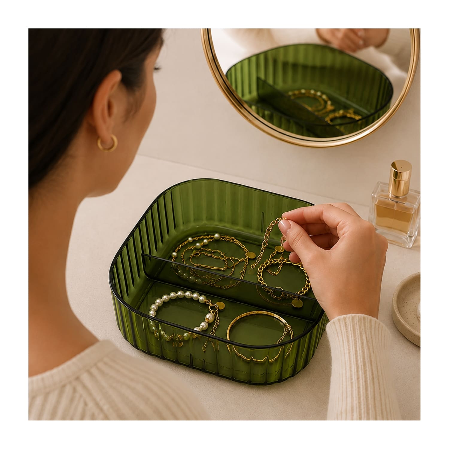 KIT ORGANIZADOR 3 PIEZAS NEGRO TRANSPARENTE Y JOYERO GRANDE VERDE - 7