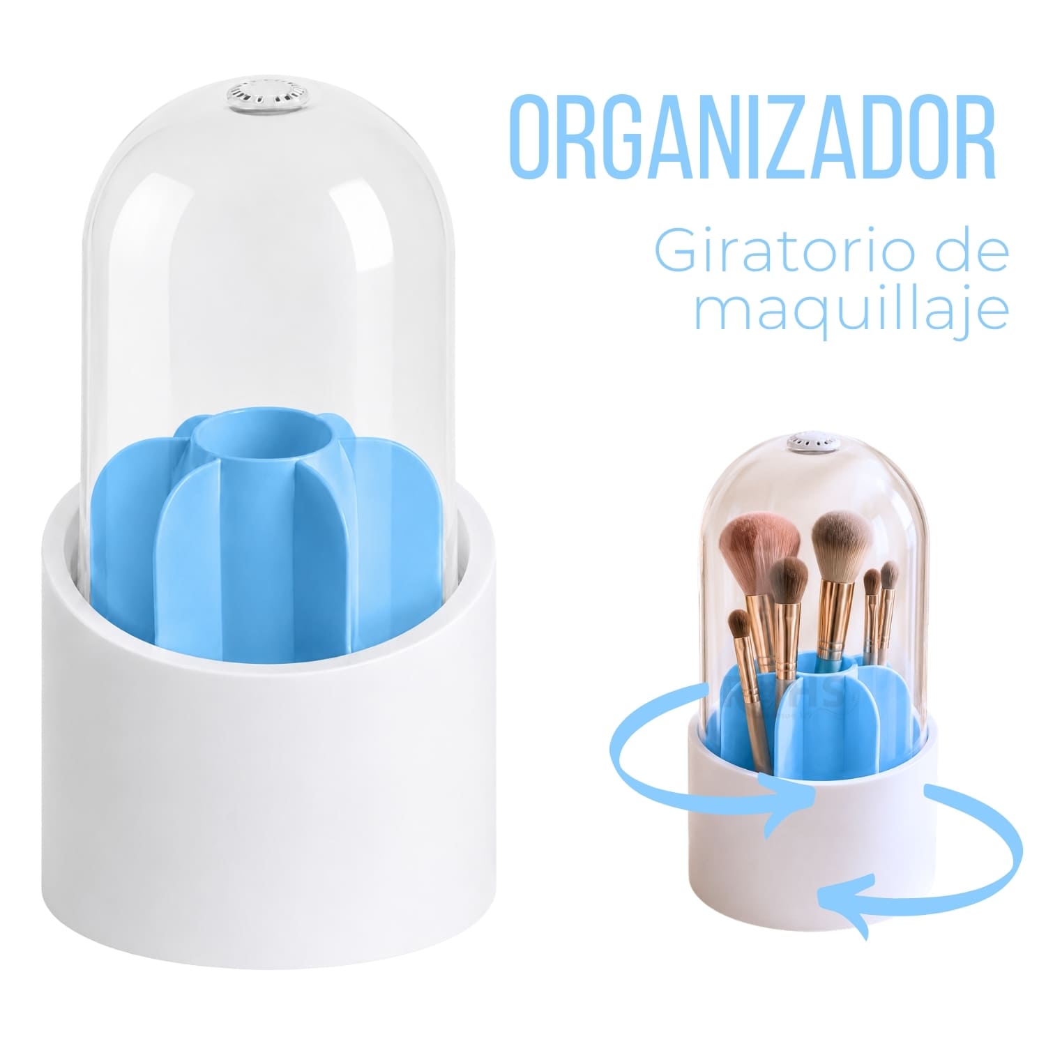 ORGANIZADOR GIRATORIO DE MAQUILLAJE AZUL CON TAPA TRANSPARENTE - 1