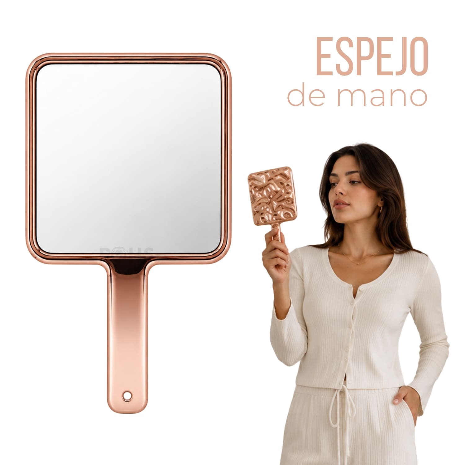 ESPEJO DE MANO ROSE GOLD CON MANGO DISEÑO CUADRADO - 1