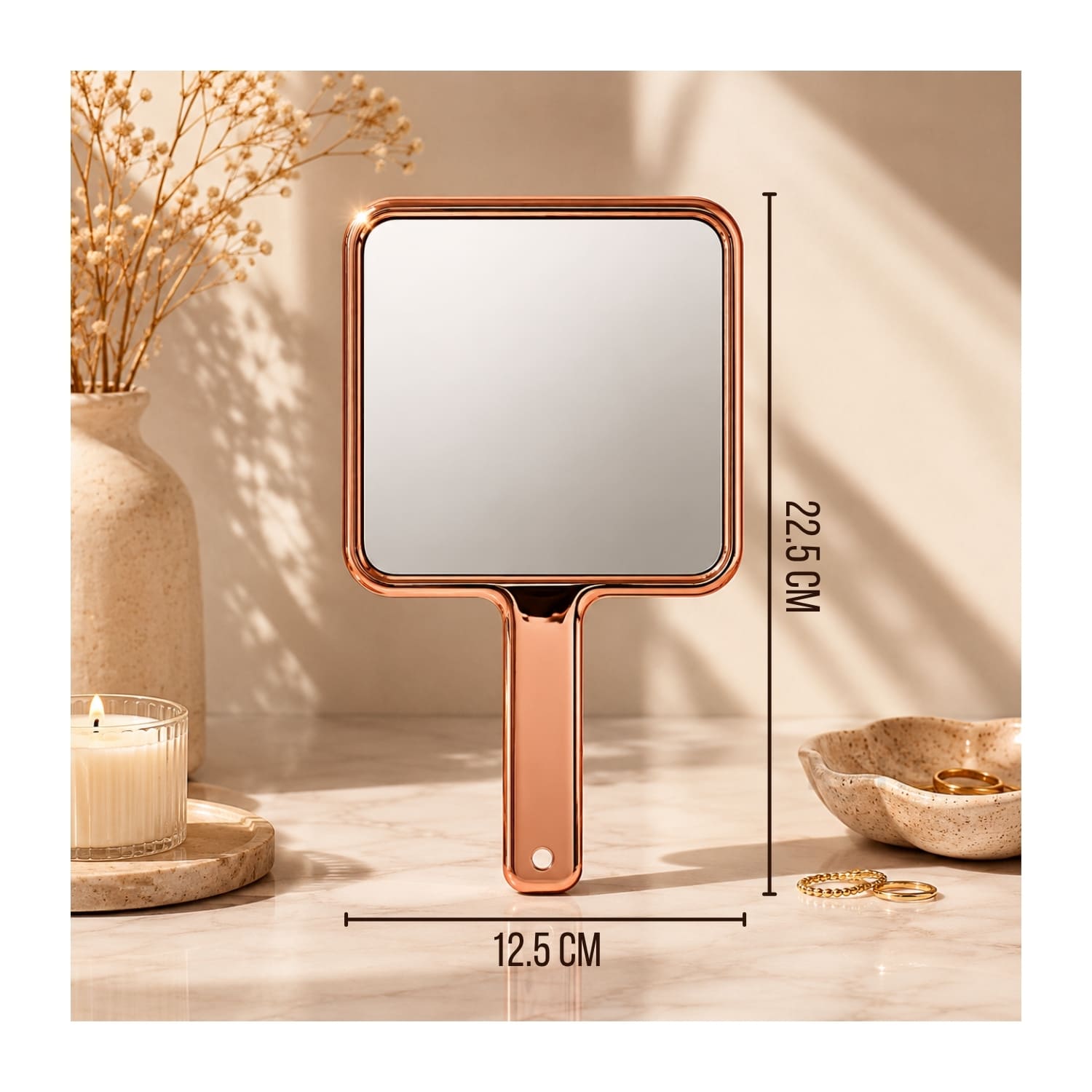 ESPEJO DE MANO ROSE GOLD CON MANGO DISEÑO CUADRADO - 2