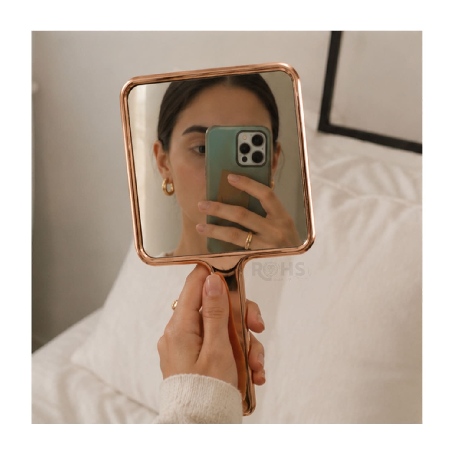 ESPEJO DE MANO ROSE GOLD CON MANGO DISEÑO CUADRADO - 5