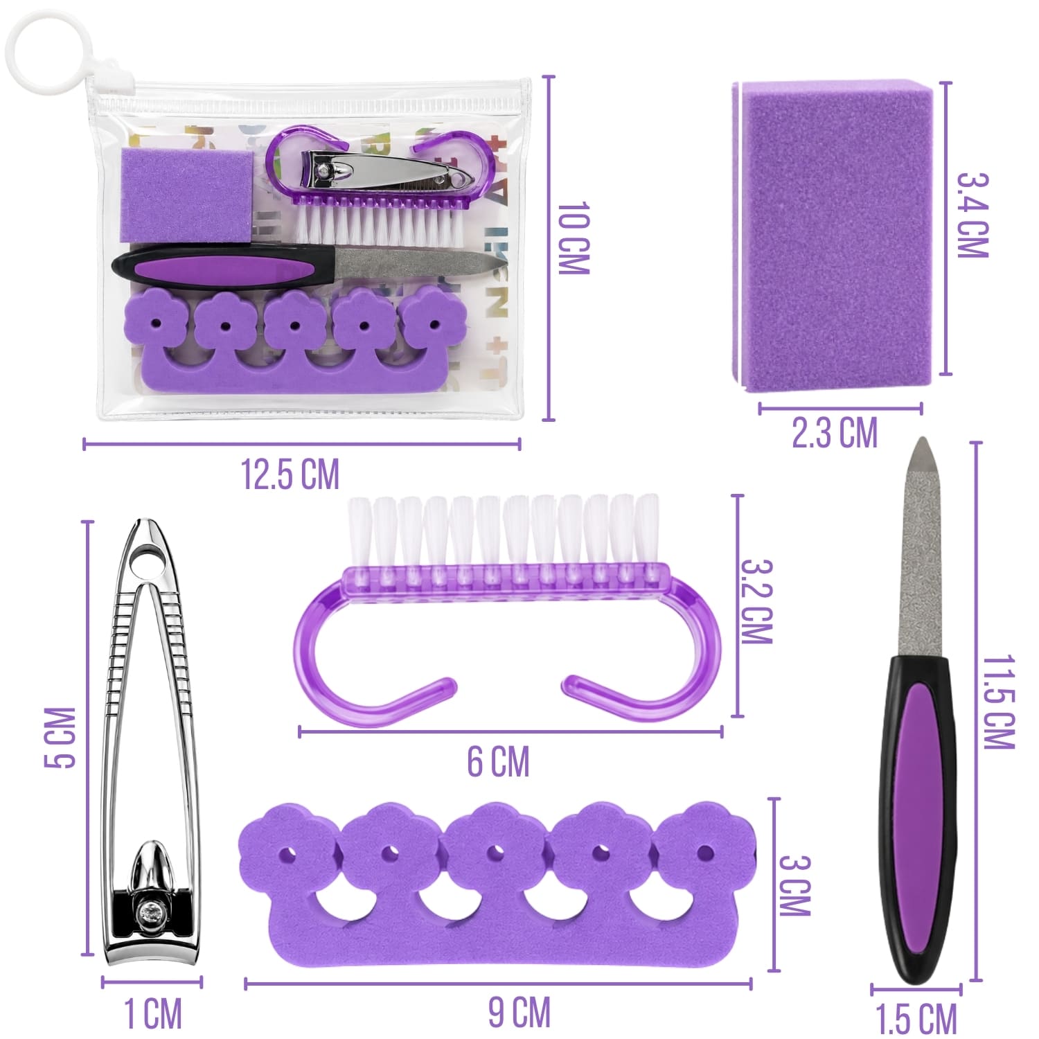 KIT PEDICURA MORADO CON SEPARADOR DE DEDOS LIMA CORTAUÑAS Y CEPILLO DE LIMPIEZA - 2