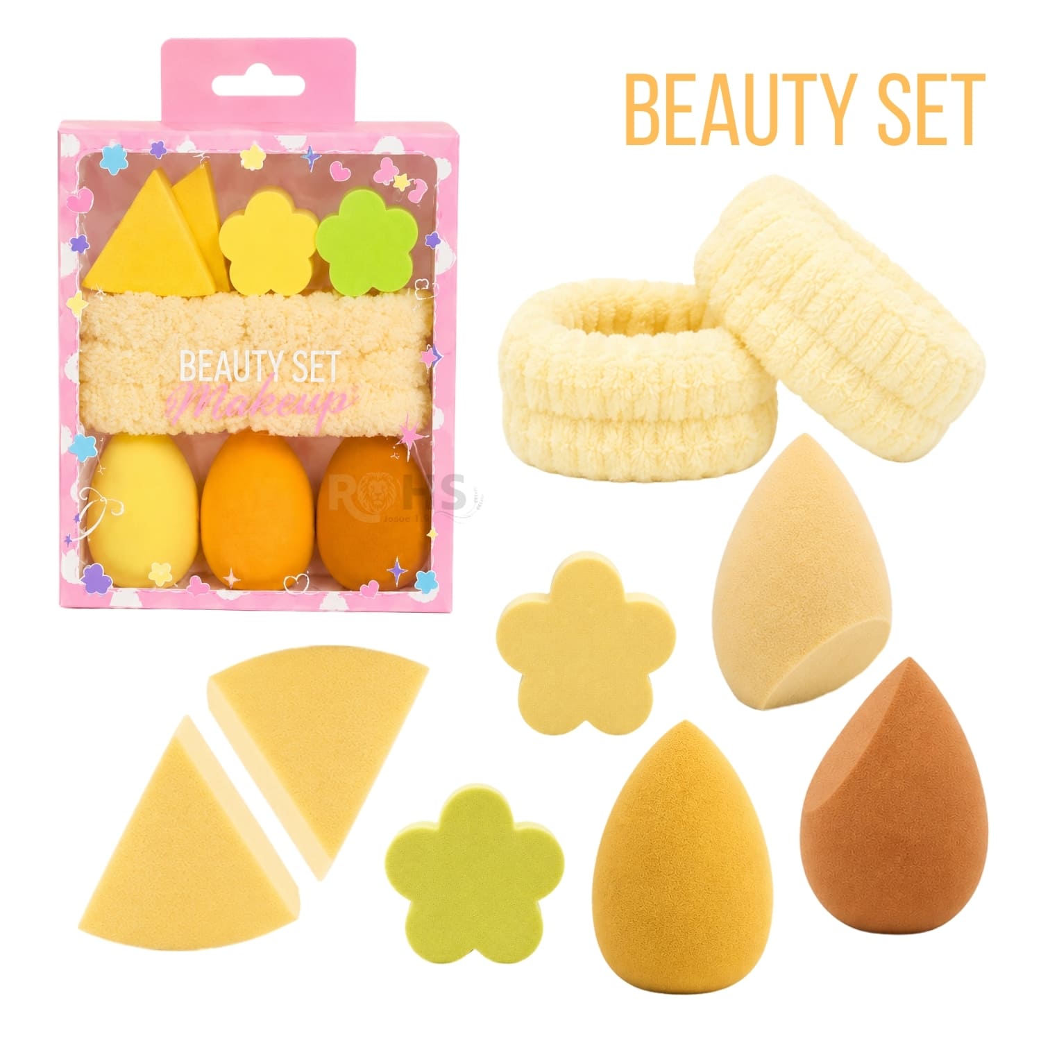 SET DE MAQUILLAJE Y SKINCARE AMARILLO CON MUÑEQUERAS FLUFFY Y ESPONJAS BEAUTY BLENDER - 1