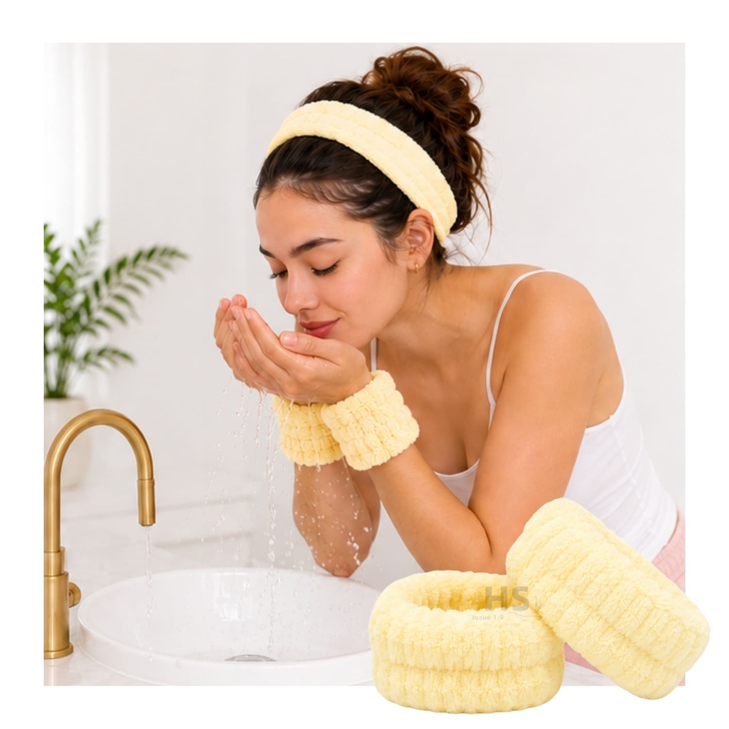 SET DE MAQUILLAJE Y SKINCARE AMARILLO CON MUÑEQUERAS FLUFFY Y ESPONJAS BEAUTY BLENDER - 5