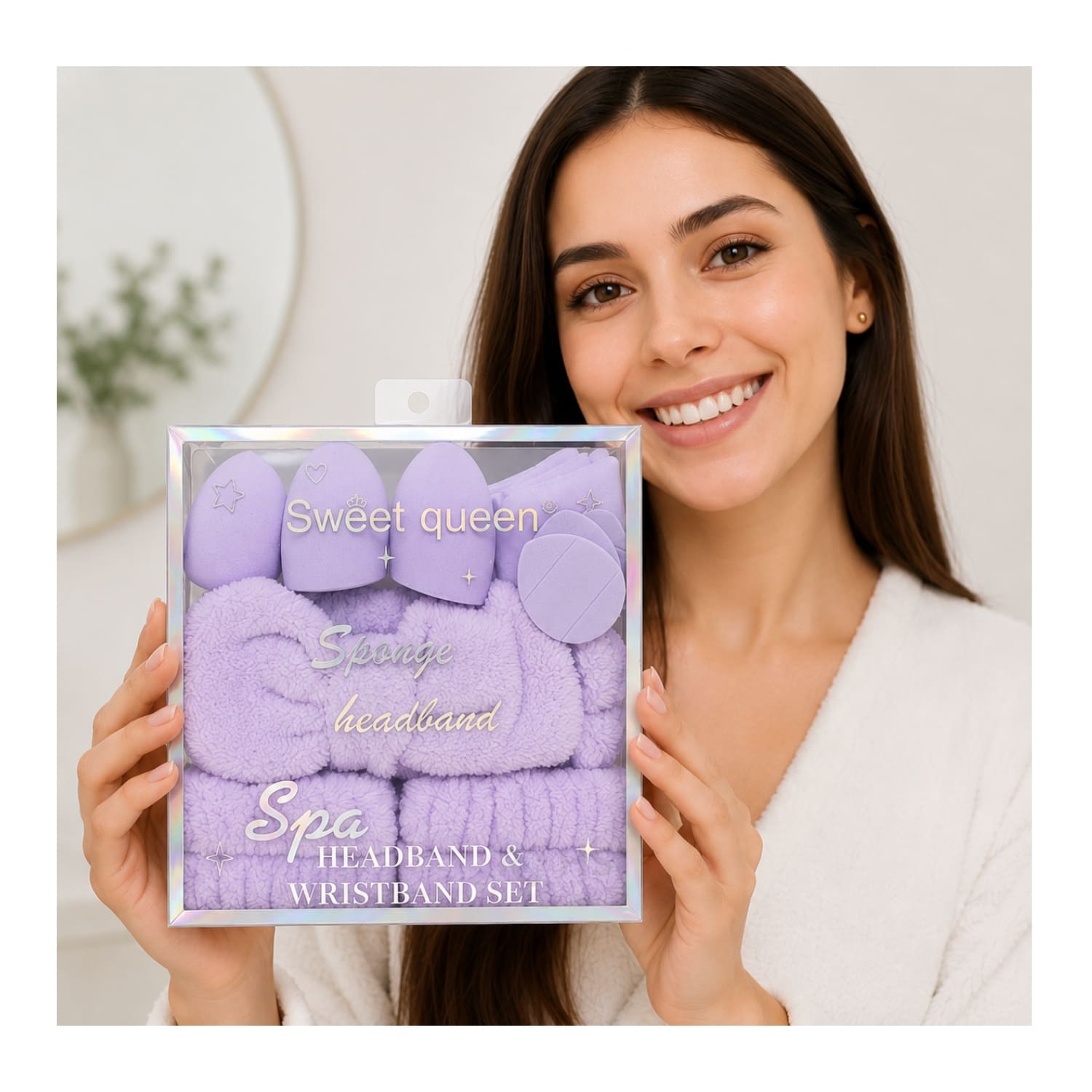 SET DE MAQUILLAJE Y SKINCARE MORADO CON VINCHA FLUFFY MUÑEQUERAS Y ESPONJAS FACIALES - 7