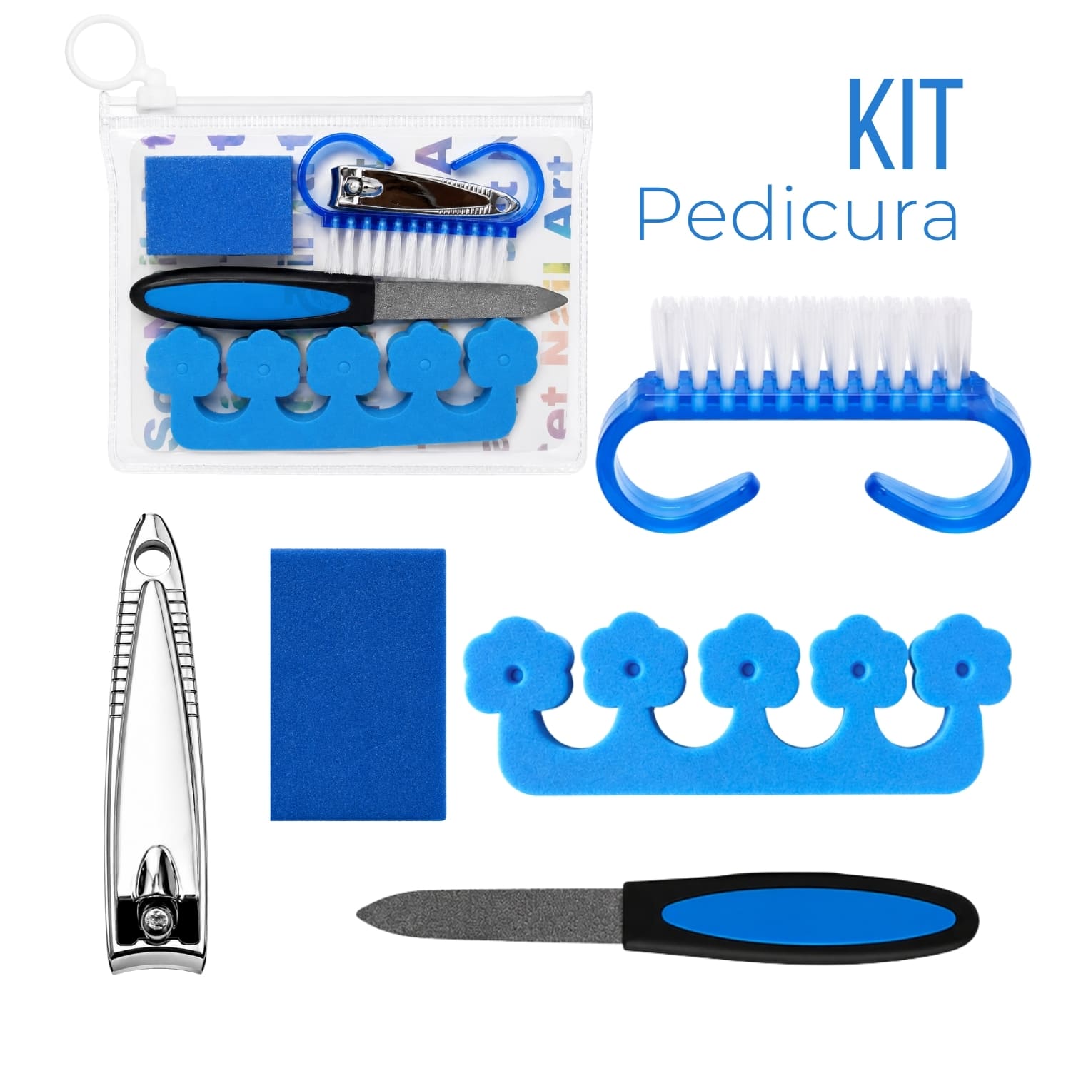 KIT PEDICURA AZUL CON SEPARADOR DE DEDOS LIMA CORTAUÑAS Y CEPILLO DE LIMPIEZA - 1