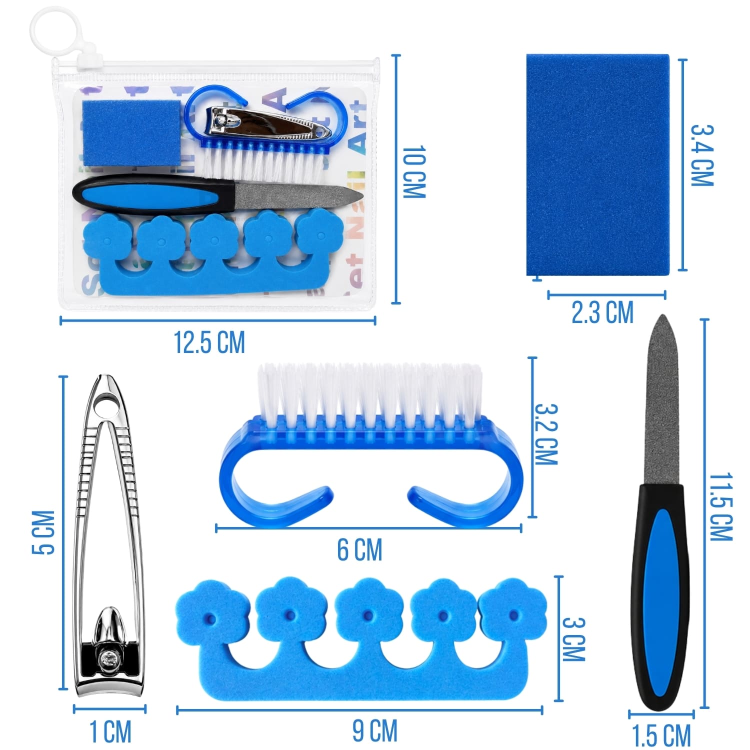 KIT PEDICURA AZUL CON SEPARADOR DE DEDOS LIMA CORTAUÑAS Y CEPILLO DE LIMPIEZA - 2