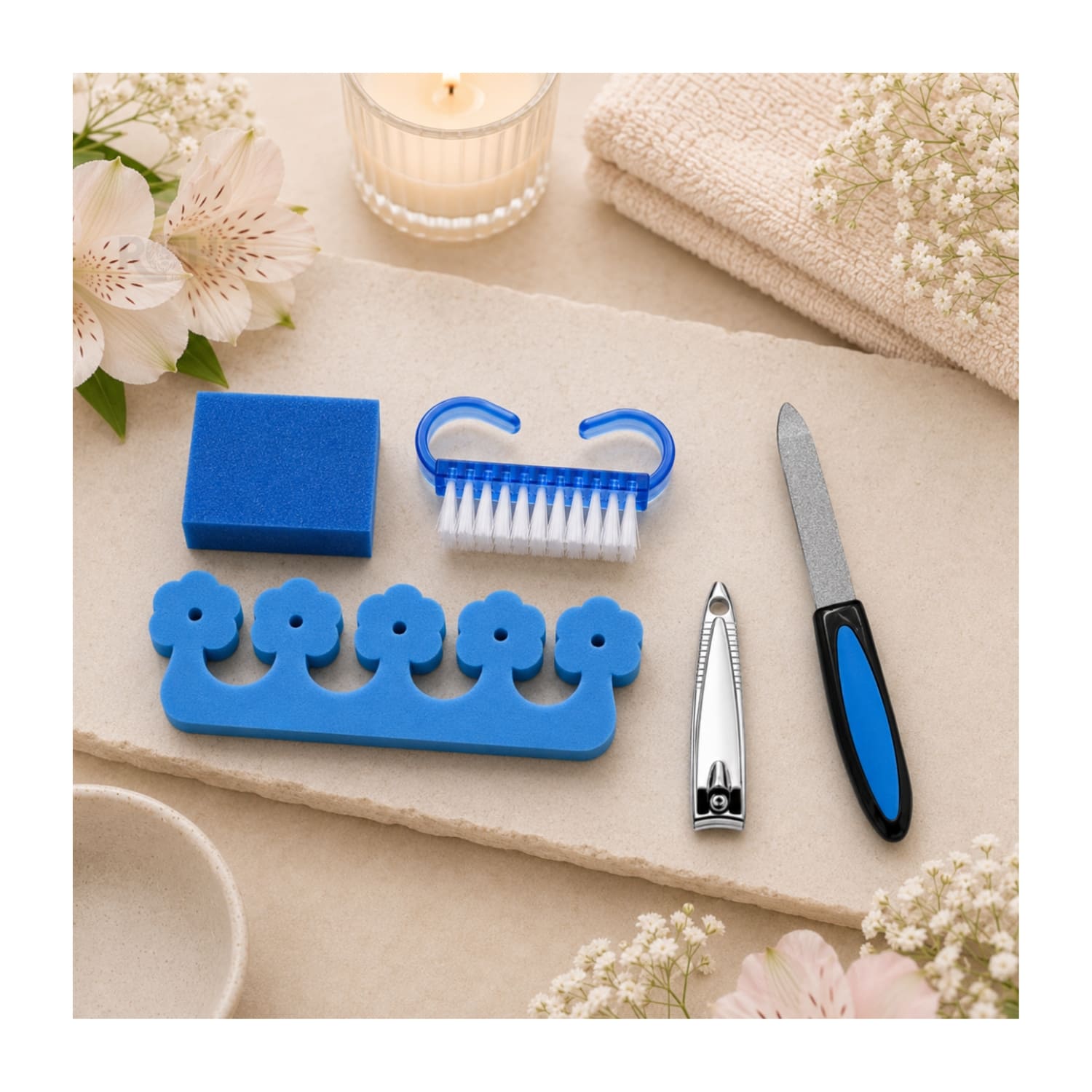 KIT PEDICURA AZUL CON SEPARADOR DE DEDOS LIMA CORTAUÑAS Y CEPILLO DE LIMPIEZA - 3