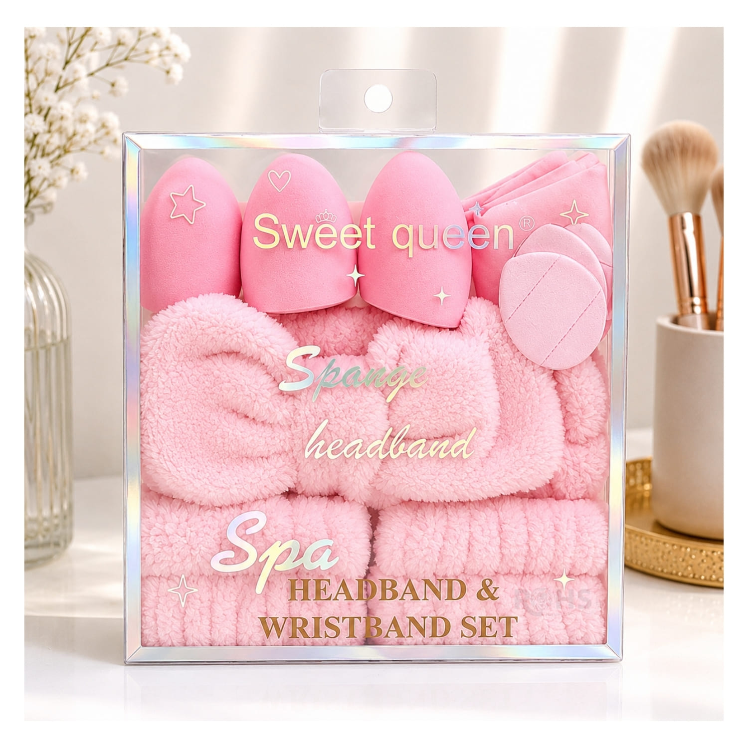 SET DE MAQUILLAJE Y SKINCARE ROSADO CON VINCHA FLUFFY MUÑEQUERAS Y ESPONJAS FACIALES - 3