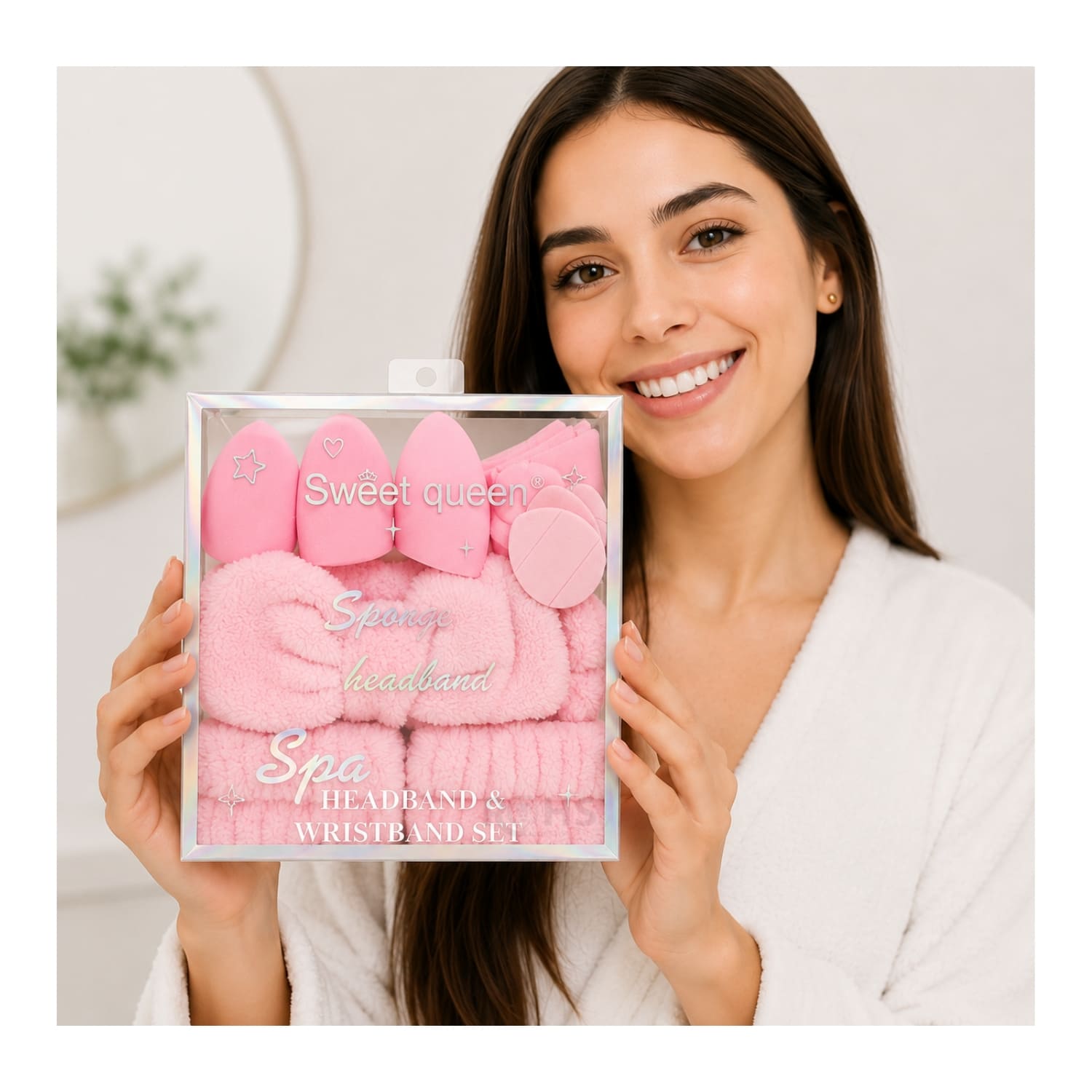 SET DE MAQUILLAJE Y SKINCARE ROSADO CON VINCHA FLUFFY MUÑEQUERAS Y ESPONJAS FACIALES - 7