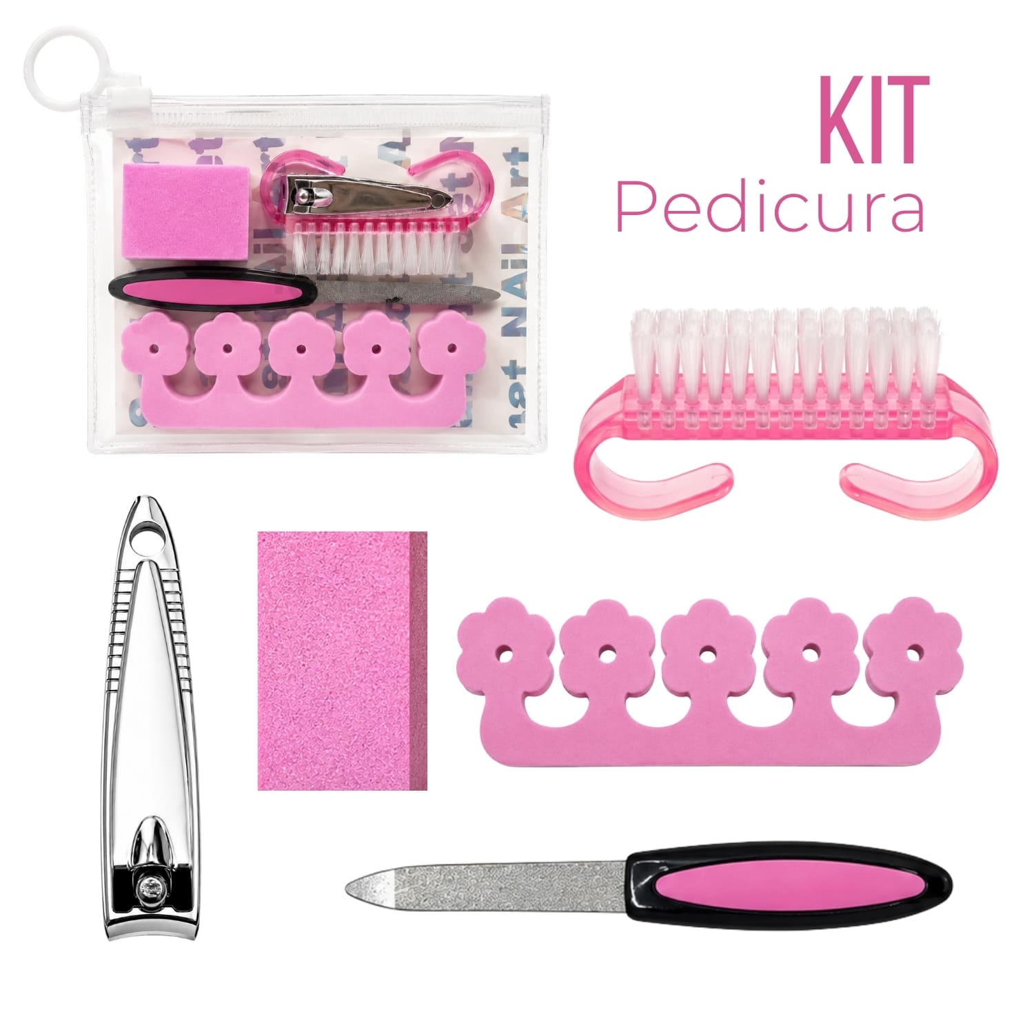 KIT PEDICURA ROSA CON SEPARADOR DE DEDOS LIMA CORTAUÑAS Y CEPILLO DE LIMPIEZA - 1