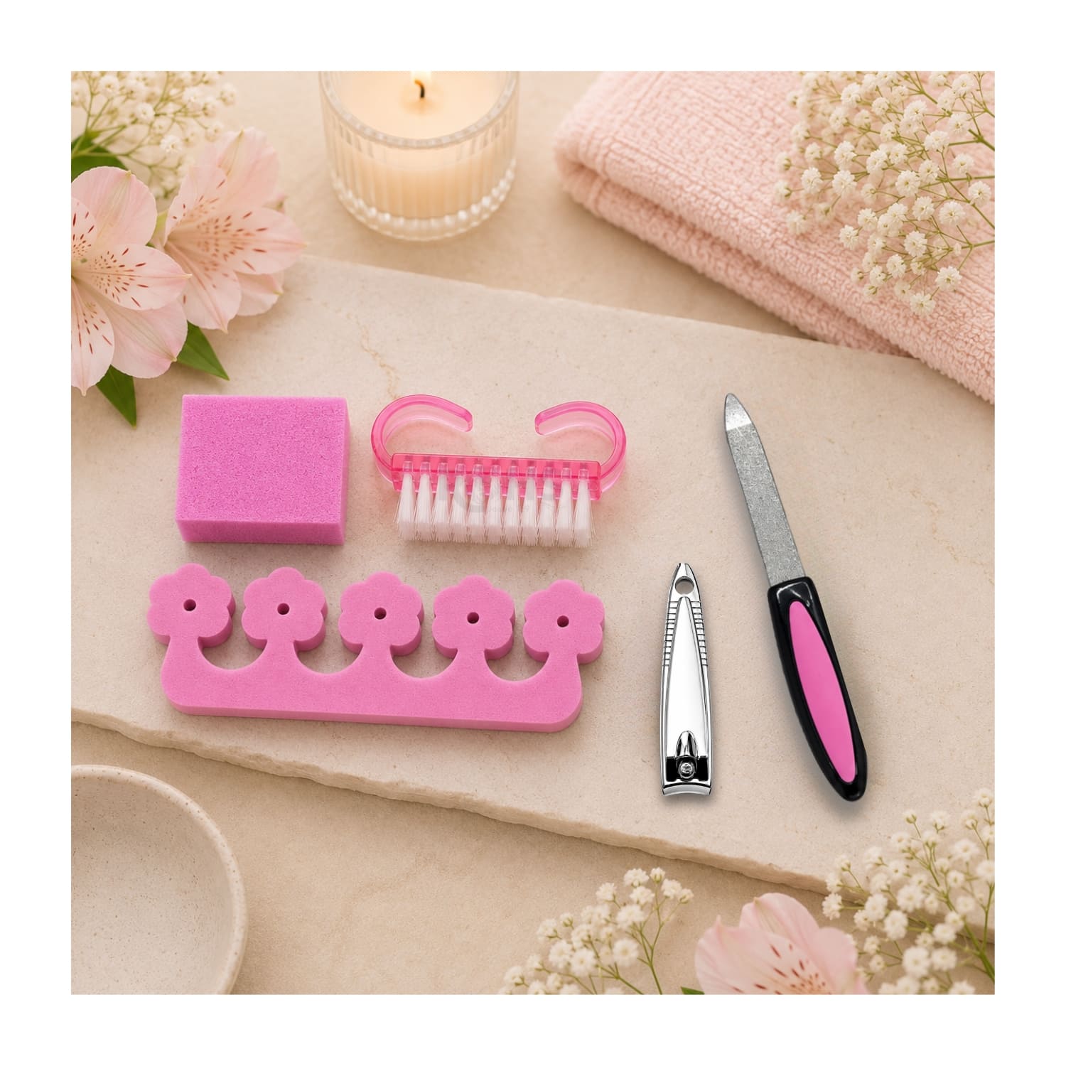 KIT PEDICURA ROSA CON SEPARADOR DE DEDOS LIMA CORTAUÑAS Y CEPILLO DE LIMPIEZA - 3