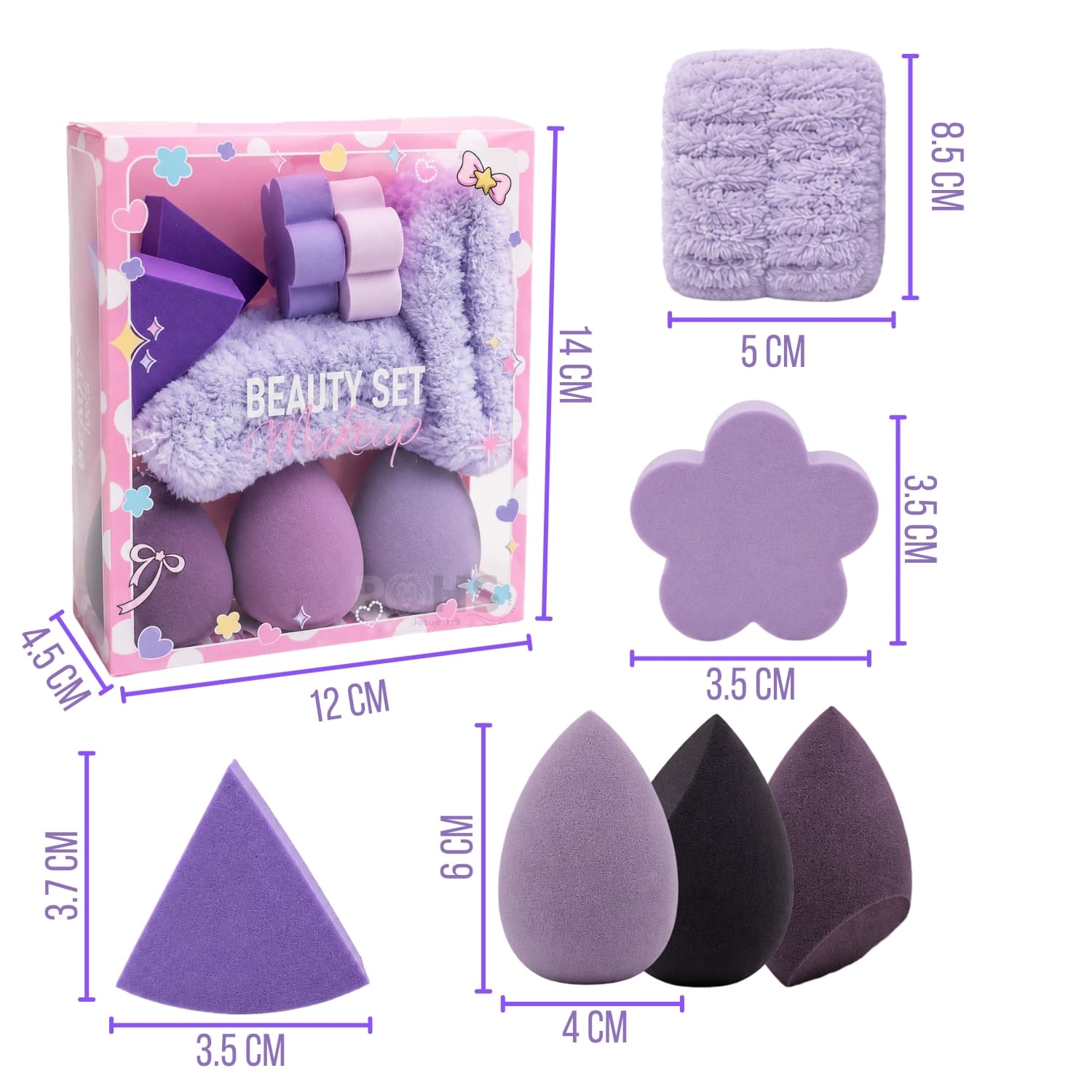 SET DE MAQUILLAJE Y SKINCARE MORADO CON MUÑEQUERAS FLUFFY Y ESPONJAS BEAUTY BLENDER - 2