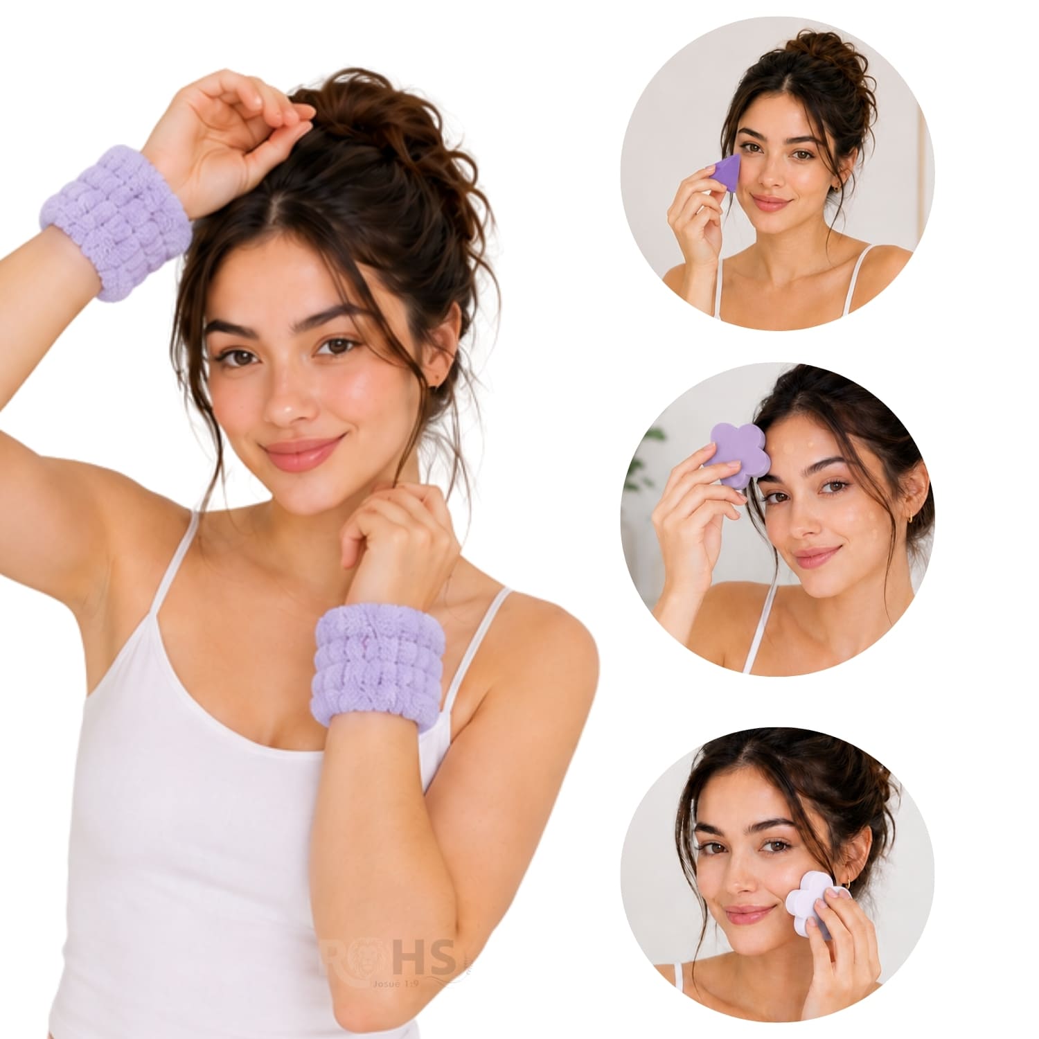 SET DE MAQUILLAJE Y SKINCARE MORADO CON MUÑEQUERAS FLUFFY Y ESPONJAS BEAUTY BLENDER - 3