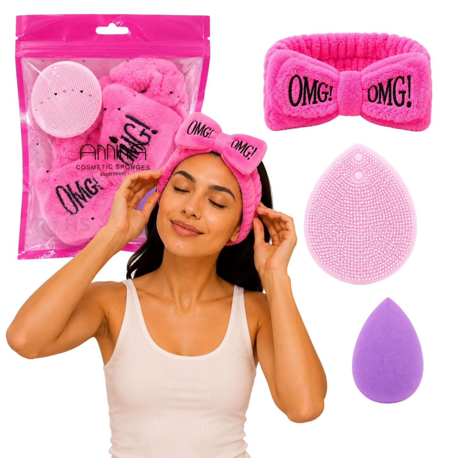 SET DE SKINCARE ROSA CON VINCHA FLUFFY ESPONJA Y CEPILLO DE SILICONA - 1