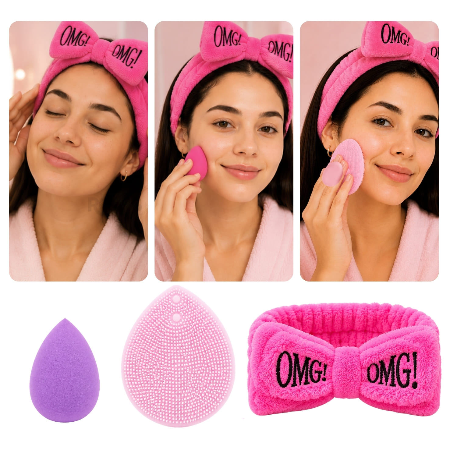 SET DE SKINCARE ROSA CON VINCHA FLUFFY ESPONJA Y CEPILLO DE SILICONA - 3