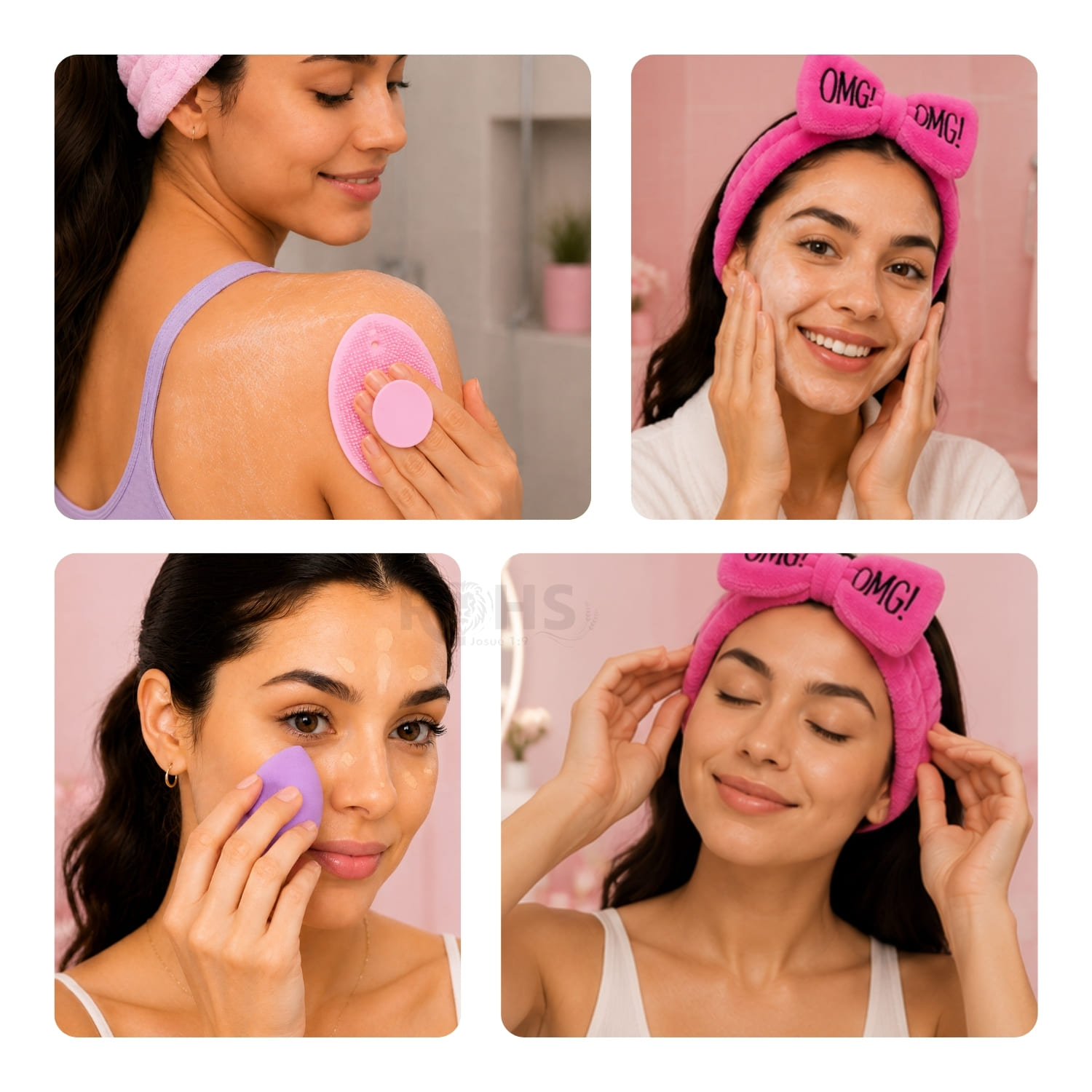 SET DE SKINCARE ROSA CON VINCHA FLUFFY ESPONJA Y CEPILLO DE SILICONA - 5