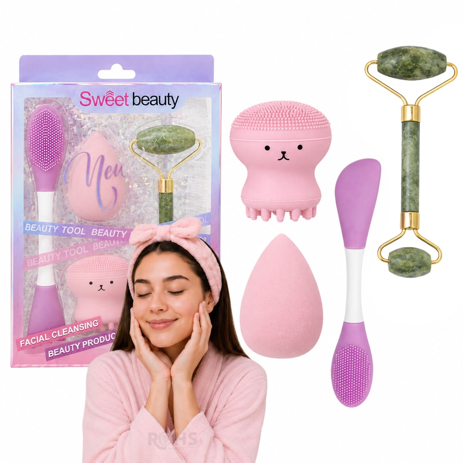SET DE SKINCARE Y MAQUILLAJE ROSADO CON RODILLO FACIAL ESPONJA Y CEPILLO DE SILICONA - 1