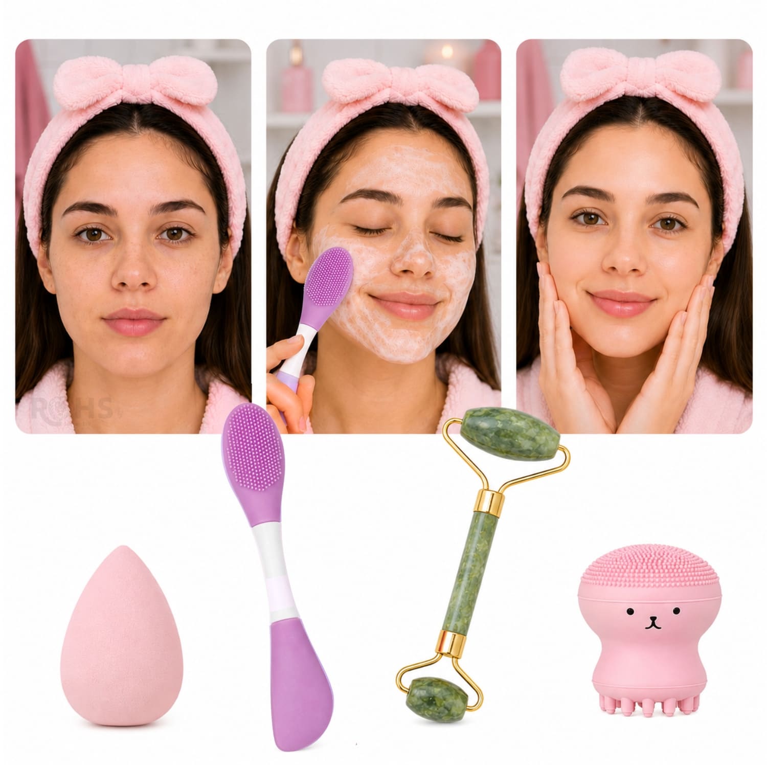SET DE SKINCARE Y MAQUILLAJE ROSADO CON RODILLO FACIAL ESPONJA Y CEPILLO DE SILICONA - 2