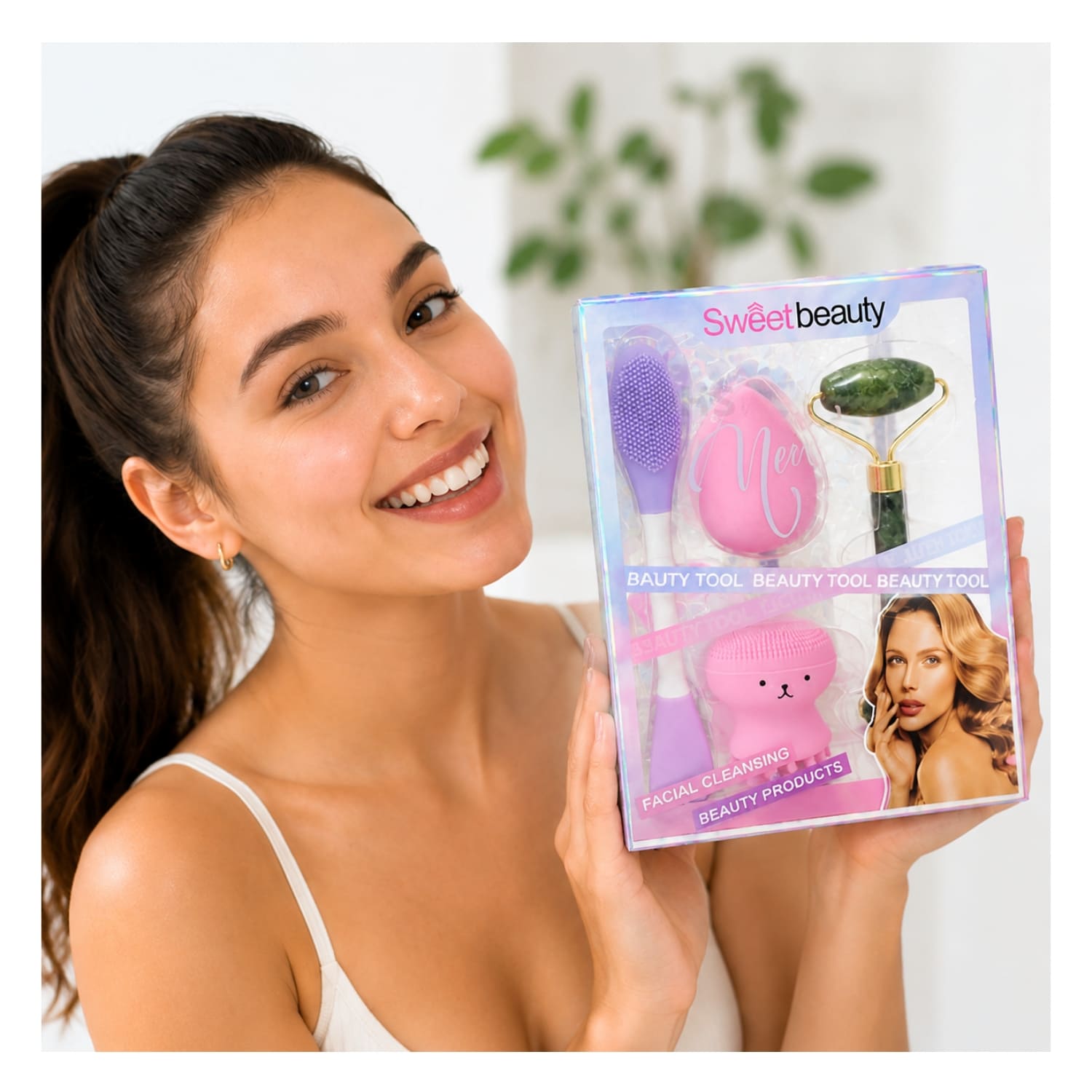 SET DE SKINCARE Y MAQUILLAJE ROSADO CON RODILLO FACIAL ESPONJA Y CEPILLO DE SILICONA - 7