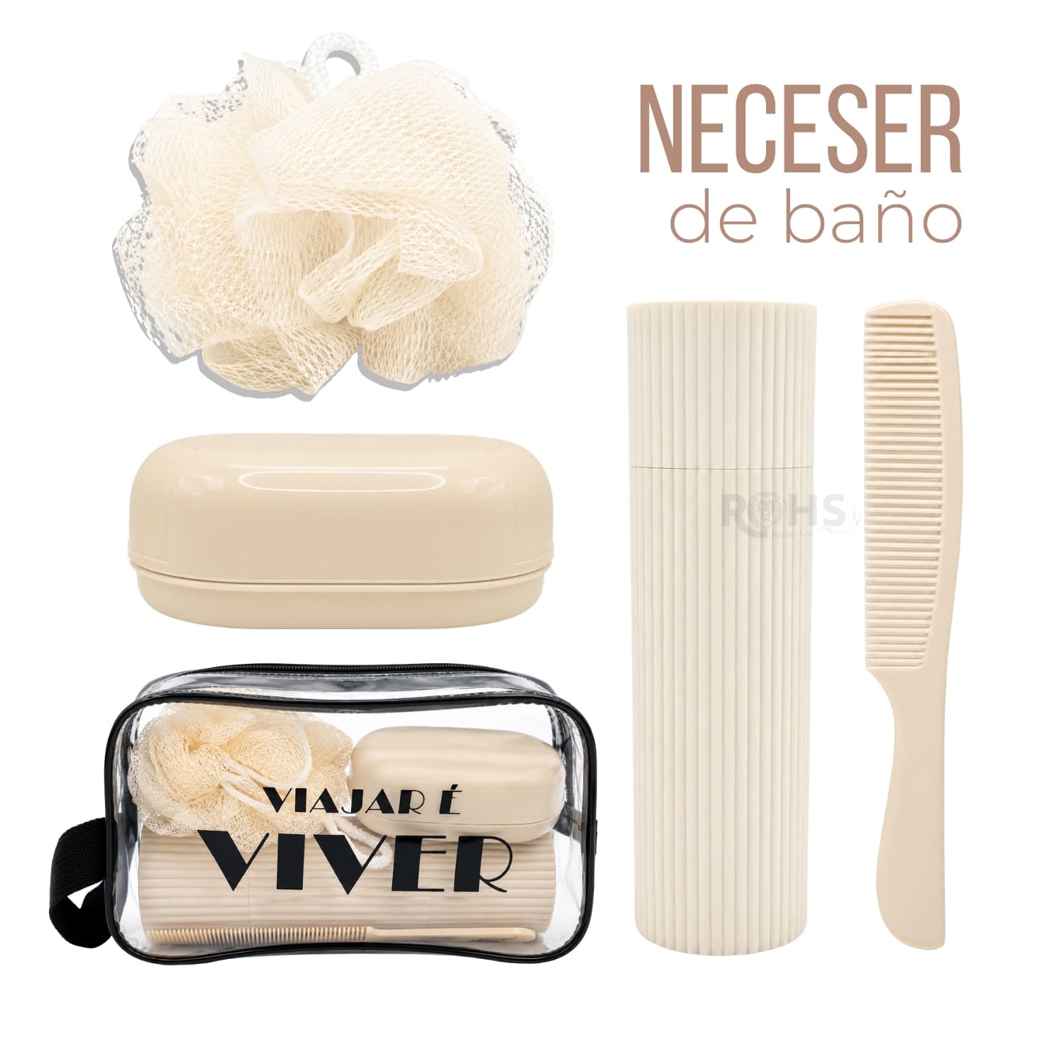 NECESER DE BAÑO BEIGE TRANSPARENTE CON RECIPIENTE PEINE ESPONJA Y JABONERA - 1