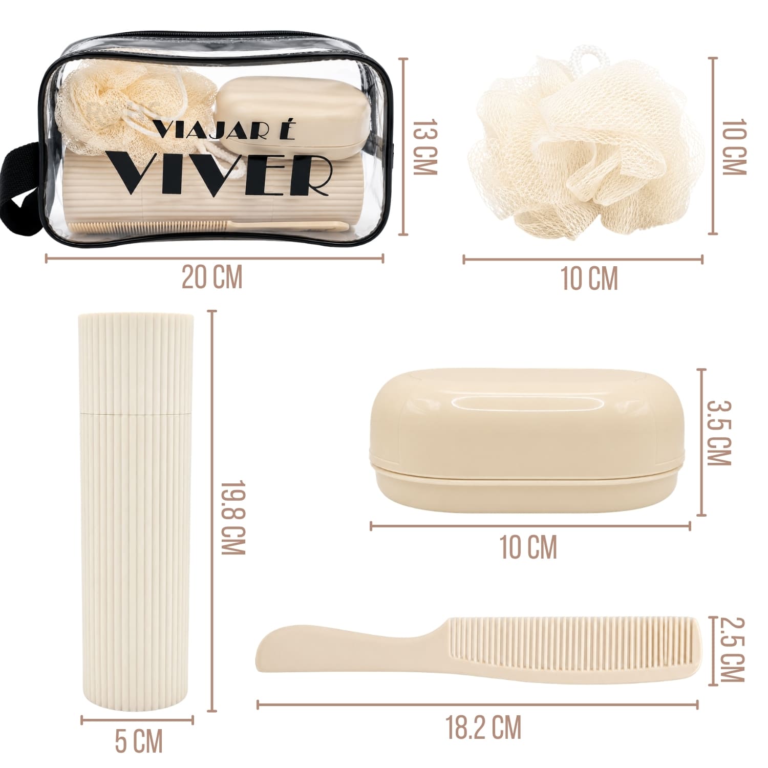 NECESER DE BAÑO BEIGE TRANSPARENTE CON RECIPIENTE PEINE ESPONJA Y JABONERA - 2