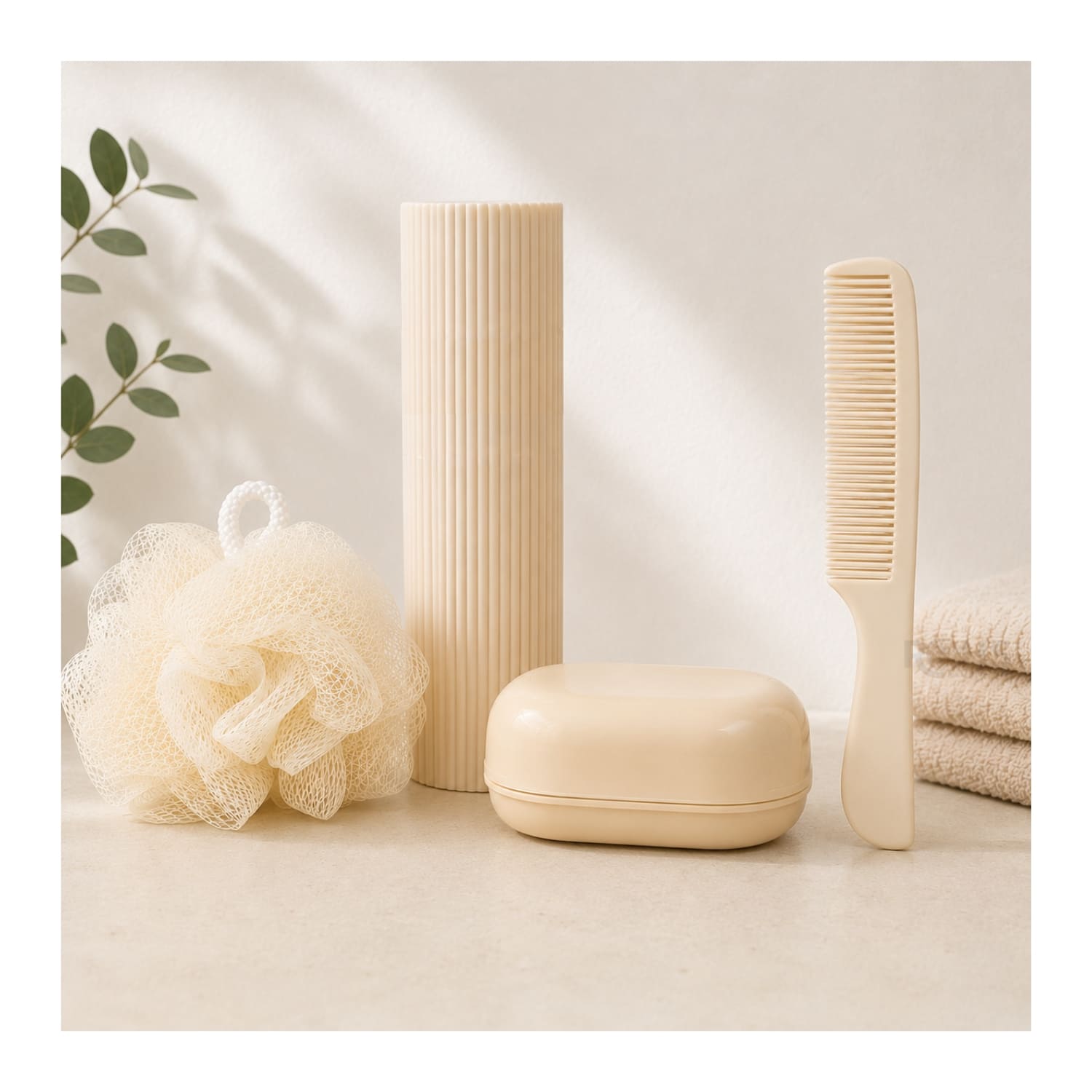 NECESER DE BAÑO BEIGE TRANSPARENTE CON RECIPIENTE PEINE ESPONJA Y JABONERA - 3