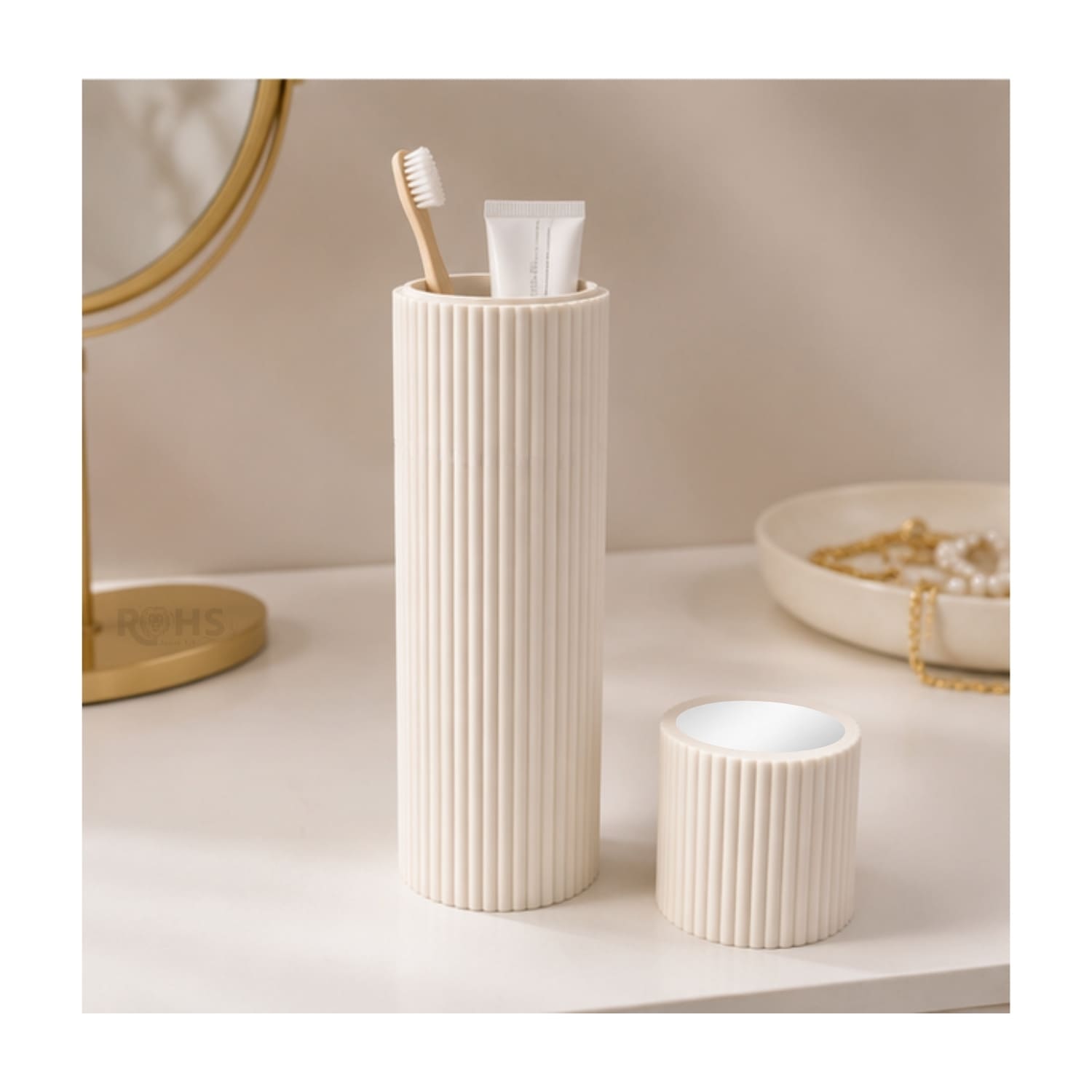 NECESER DE BAÑO BEIGE TRANSPARENTE CON RECIPIENTE PEINE ESPONJA Y JABONERA - 6