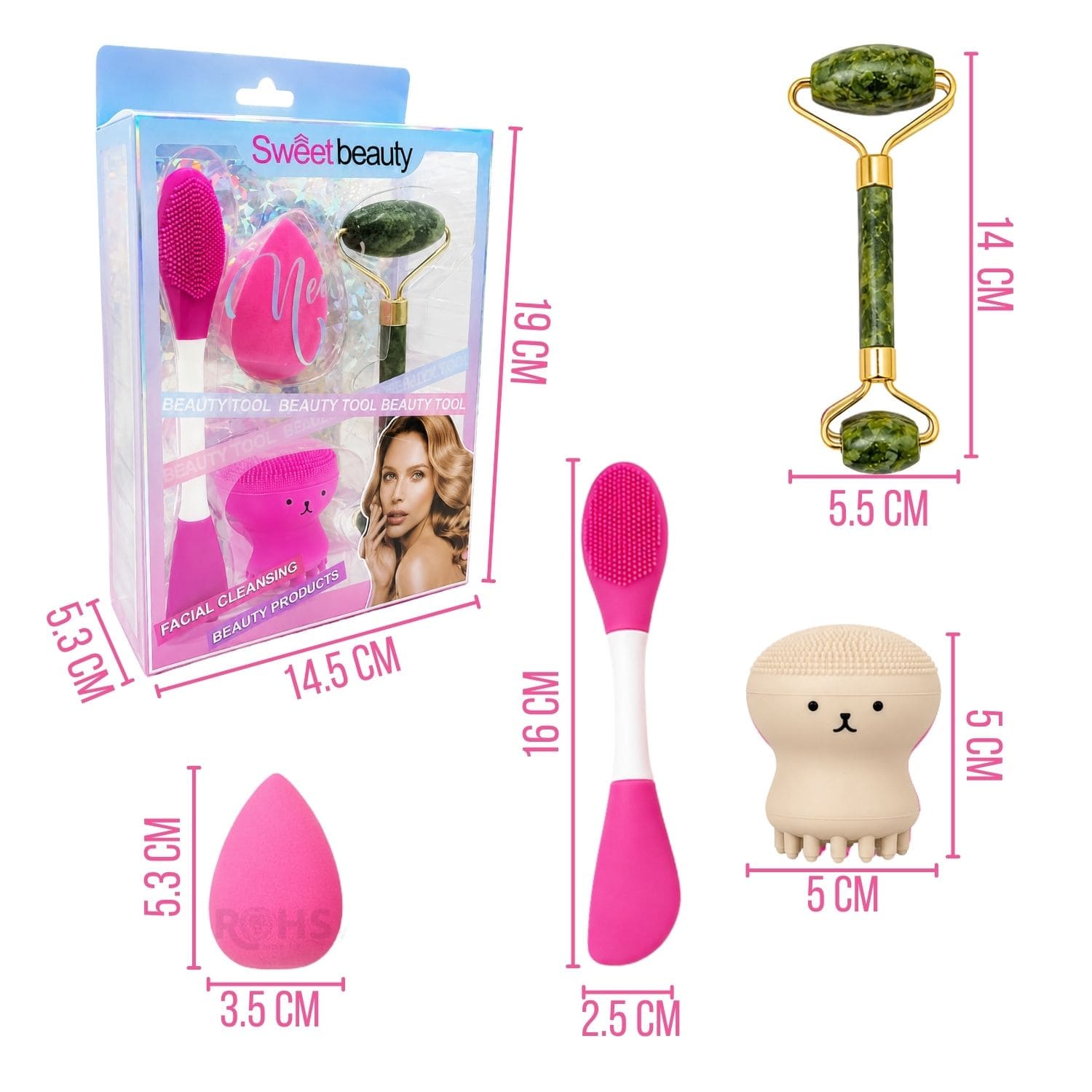SET DE SKINCARE Y MAQUILLAJE FUCSIA CON RODILLO FACIAL ESPONJA Y CEPILLO DE SILICONA - 3
