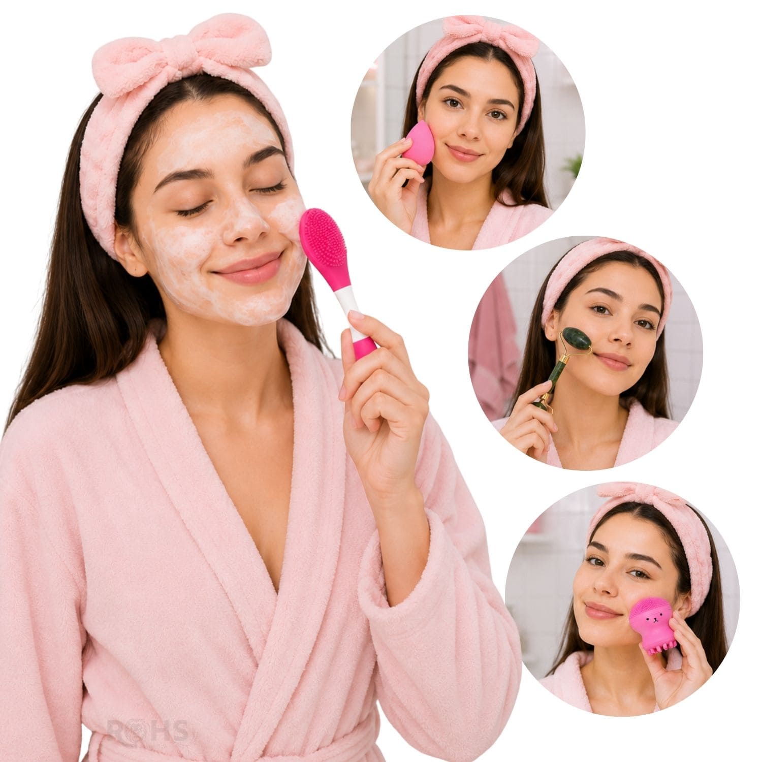 SET DE SKINCARE Y MAQUILLAJE FUCSIA CON RODILLO FACIAL ESPONJA Y CEPILLO DE SILICONA - 5