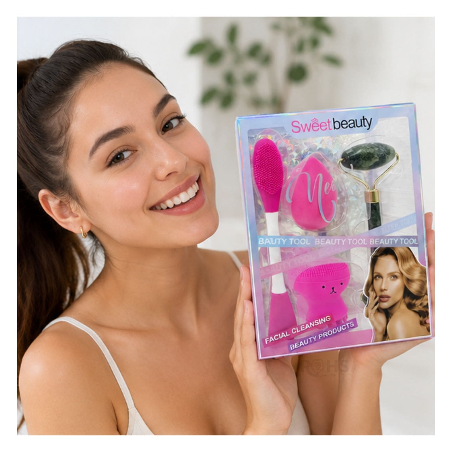 SET DE SKINCARE Y MAQUILLAJE FUCSIA CON RODILLO FACIAL ESPONJA Y CEPILLO DE SILICONA - 7