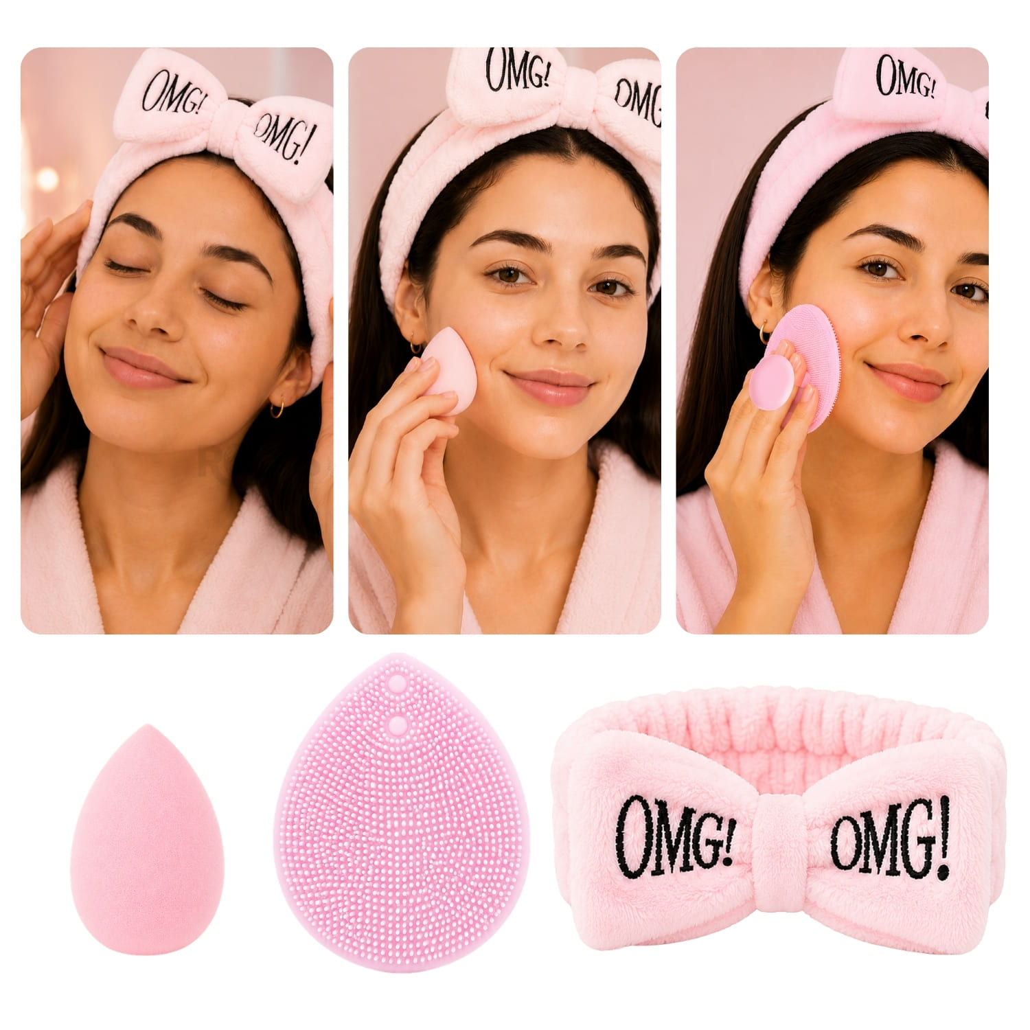 SET DE SKINCARE ROSA SUAVE CON VINCHA FLUFFY ESPONJA Y CEPILLO DE SILICONA - 3
