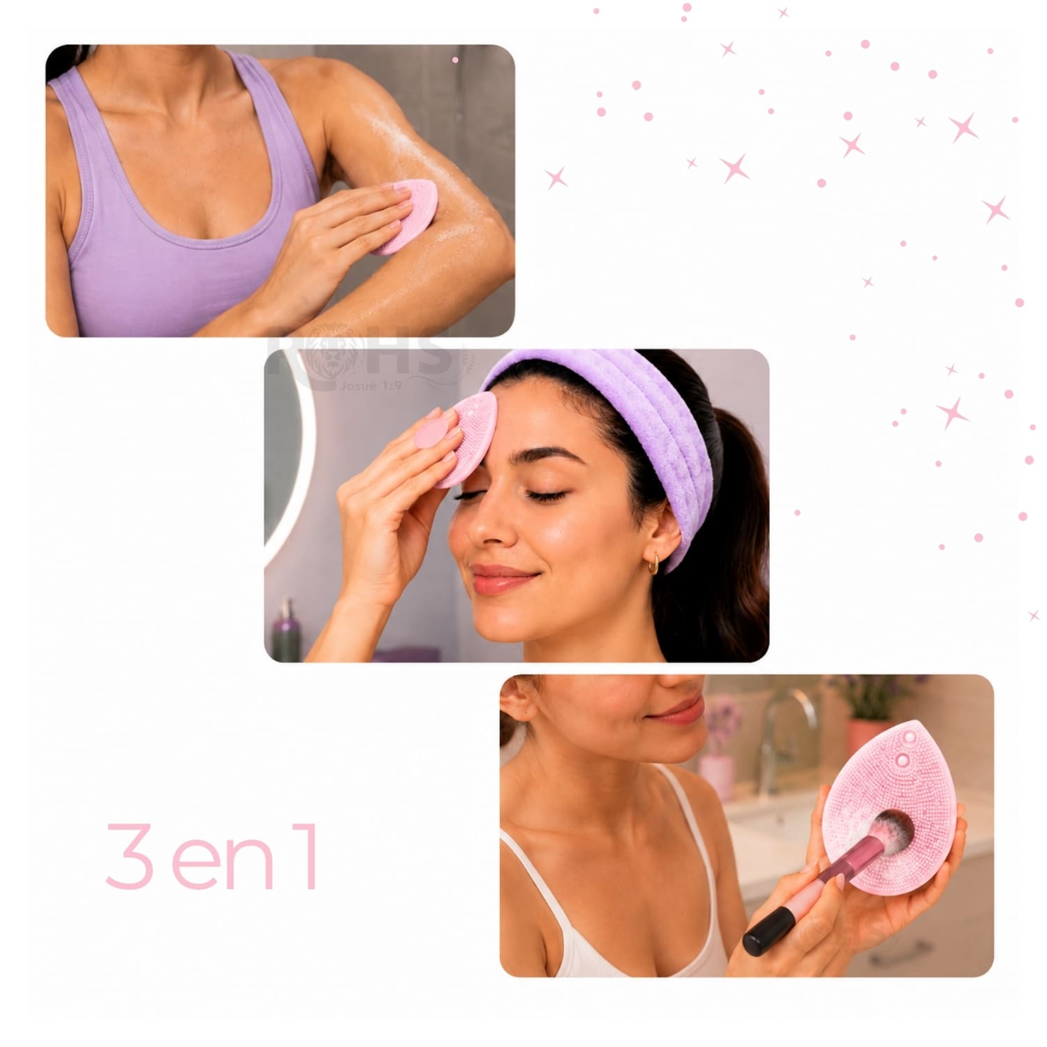 SET DE SKINCARE ROSA SUAVE CON VINCHA FLUFFY ESPONJA Y CEPILLO DE SILICONA - 4