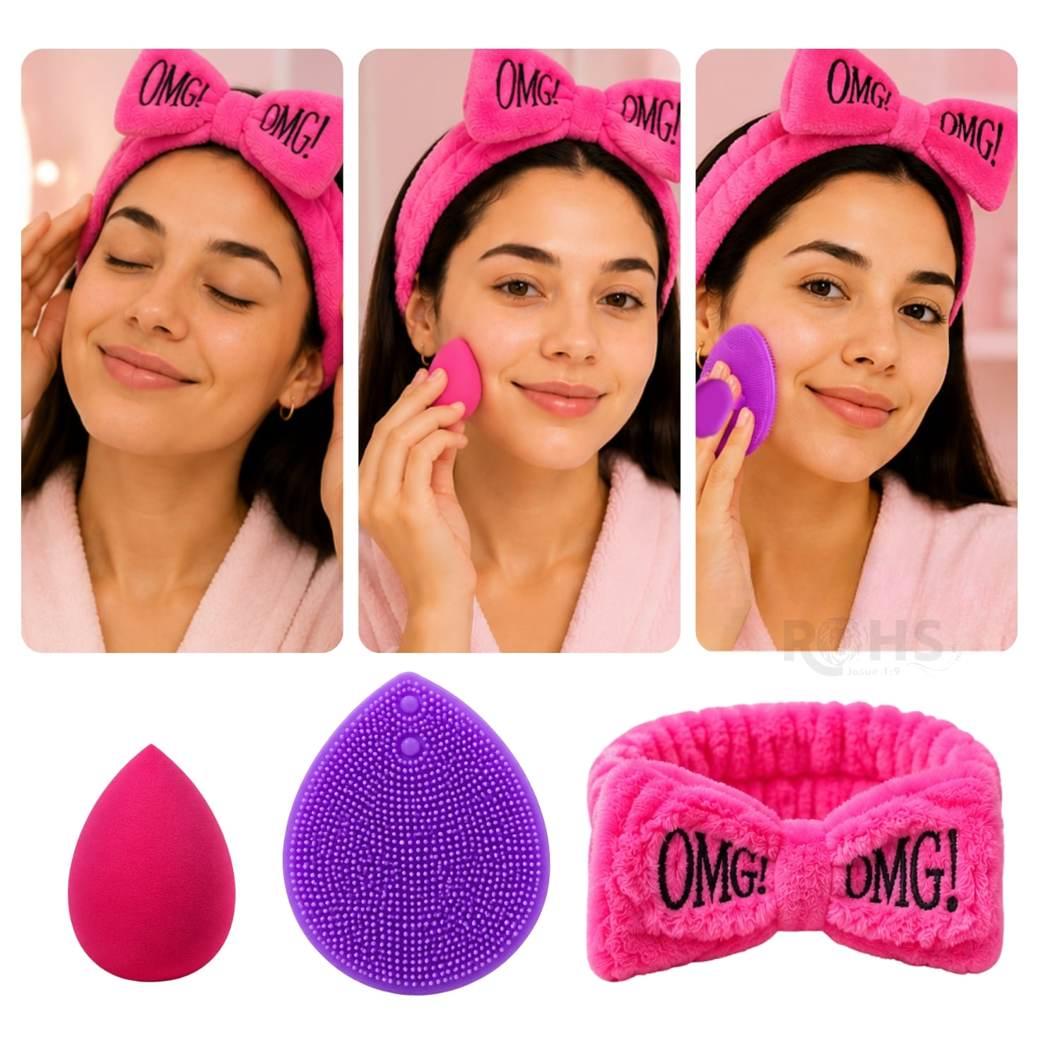 SET DE SKINCARE FUCSIA CON VINCHA FLUFFY ESPONJA Y CEPILLO DE SILICONA - 3