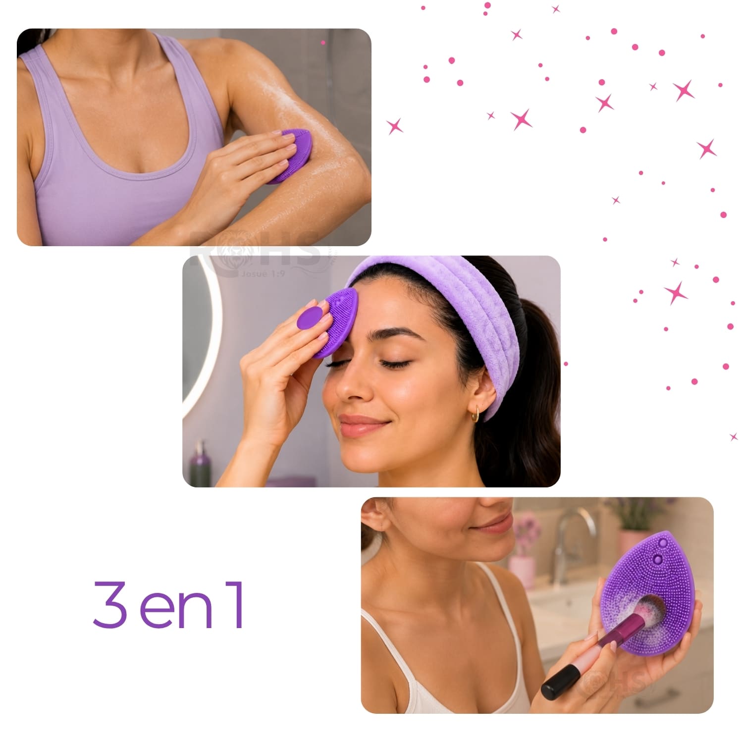 SET DE SKINCARE FUCSIA CON VINCHA FLUFFY ESPONJA Y CEPILLO DE SILICONA - 4