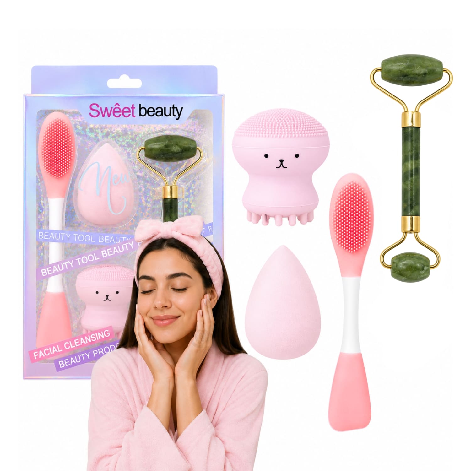 SET DE SKINCARE Y MAQUILLAJE ROSADO CLARO CON RODILLO FACIAL ESPONJA Y CEPILLO DE SILICONA - 1